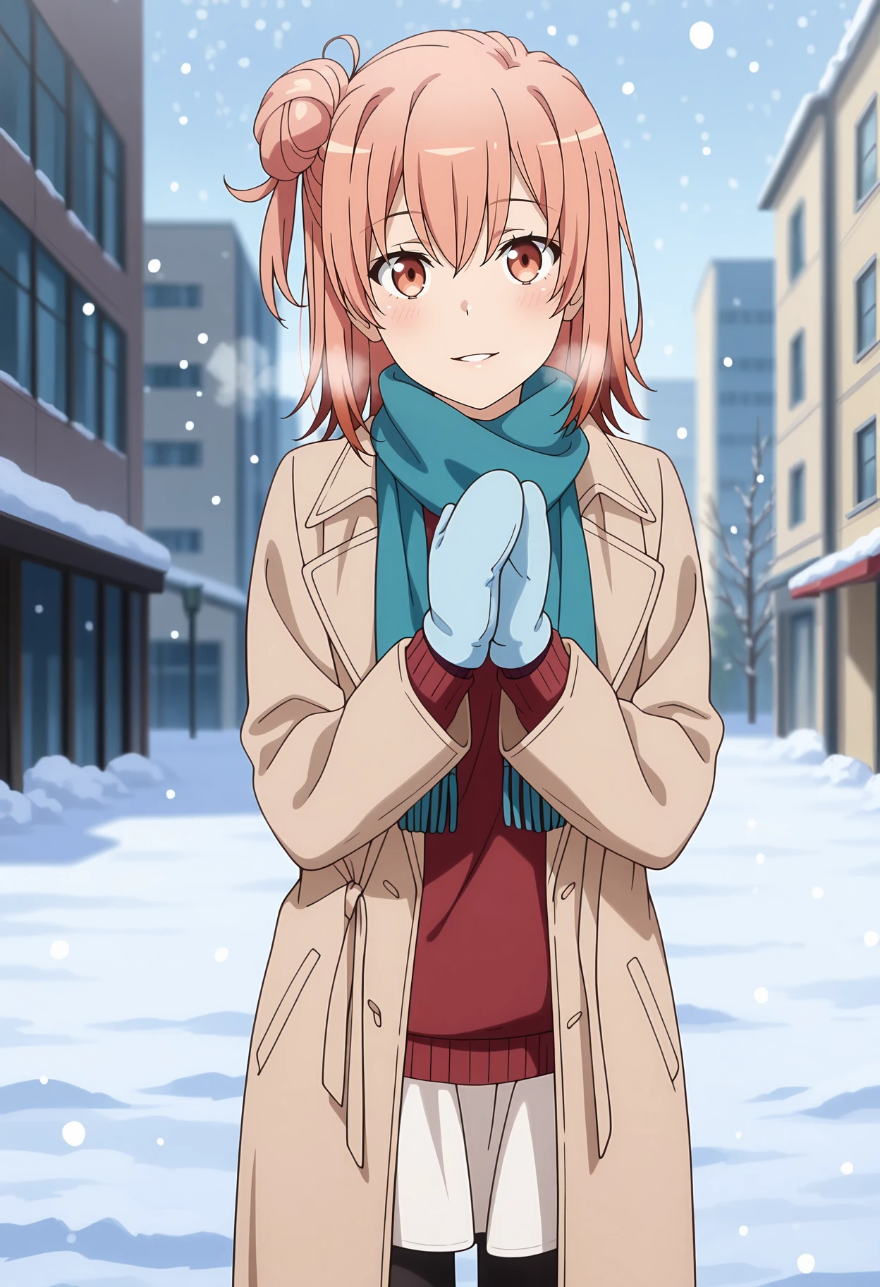 anime screencap, masterpiece, best quality,
<lora:YahariOreNoSeishunLoveComedy_YuigahamaYui_IlluXL:0.9>,
1girl, solo, parted lips, light smile, blush, breath,
medium hair, orange hair, single side bun, orange eyes, hair between eyes,
aqua scarf, open coat, brown coat, red sweater, white skirt, mittens, blue gloves, black pantyhose,
own hands together,
cowboy shot, standing, looking at viewer,
winter, snow, snowing, city, outdoors, blurry background