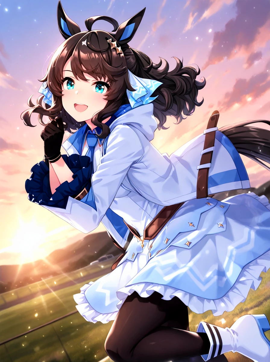 masterpiece, best quality, absurdres,ultra detailed,floating hair,
daring tact\(umamusume\), 1girl, horse ears, horse tail, black gloves, black pantyhose, white ankle boots, long sleeves,tail through clothes, white hooded jacket, sleeveless white dress, hair ribbon,
looking at viewer,
open mouth, big smile,dynamic pose, dynamic angle,
outdoors,sky, sun, (light particles:1.2),
<lora:ILL_daring_tact_ver1.0:0.85>