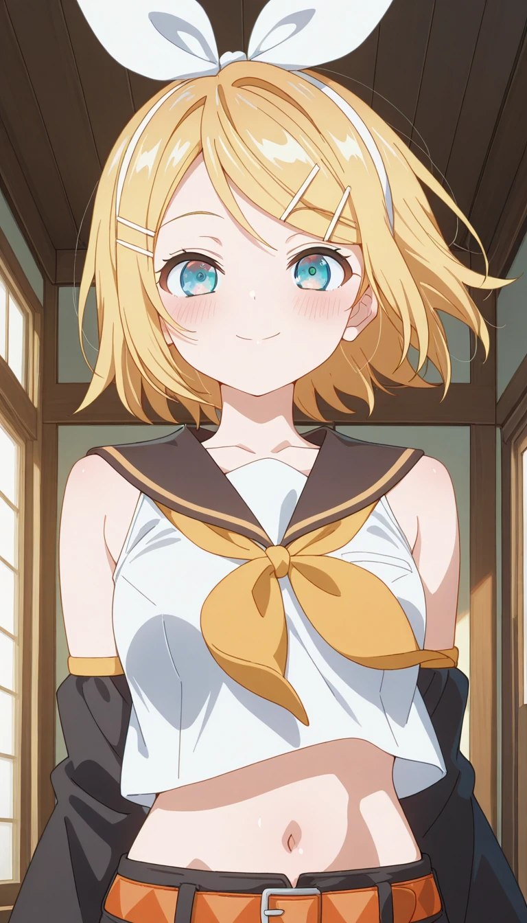 (masterpiece),best quality,amazing quality,very aesthetic,absurdres,newest,perfect body,shiny skin,perfect eyes,detail1eye,well-defined fingers,well-defined fingernails,anime style,indoors,1girl,solo,upper body,(portrait:1.5),looking at viewer,facing viewer,smile,blush,Tokidoki Bosotto Russia-go De Dereru Tonari No Alya-san anime style,kagamine rin,short hair,blonde hair,floating hair,white hairband,hair bow,white bow,hairclip,swept bangs,blue eyes,collarbone,bare shoulders,black sailor collar,white shirt,sleeveless shirt,crop top,midriff,yellow neckerchief,black sleeves,detached sleeves,medium breasts,navel,stomach,orange belt,fringe,short shorts,black shorts,leg warmers,white footwear,<lora:Kagamine Rin(voc)-Illus-Remake:1.6>,<lora:Tokidoki Bosotto Russia-go De Dereru Tonari No Alya-san anime[style]-Illus:1.8>,