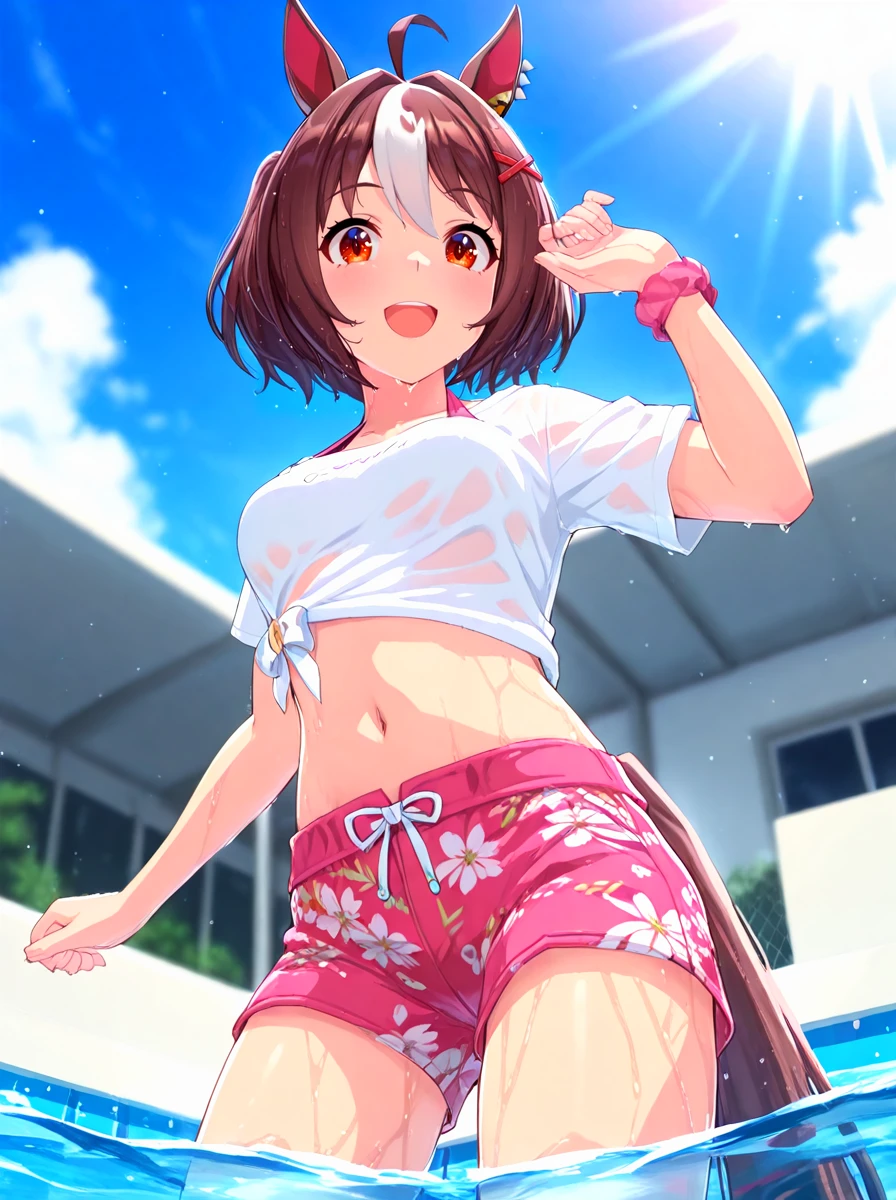 masterpiece, best quality, absurdres,ultra detailed,
gran alegria\(umamusume\),horse ears, 1girl, horse tail, ear piercing, red hairclip,
gaze on me(clothes), horse tail, floral print pink swim trunks, pool, water, wet, single wrist pink scrunchie, wading, blurry, blurry background, navel, day, wet clothes, midriff, partially submerged, tail through clothes, white tied t-shirt, pink halterneck, halterneck bikini top under t-shirt,clothes english text writing,from below
open mouth, big smile,
looking at viewer,
outdoors,sky, sun, (light particles:1.3),
<lora:ILL_common_ver0.17:1.0> <lora:ILL_gran_alegria_ver1.0:0.7>
