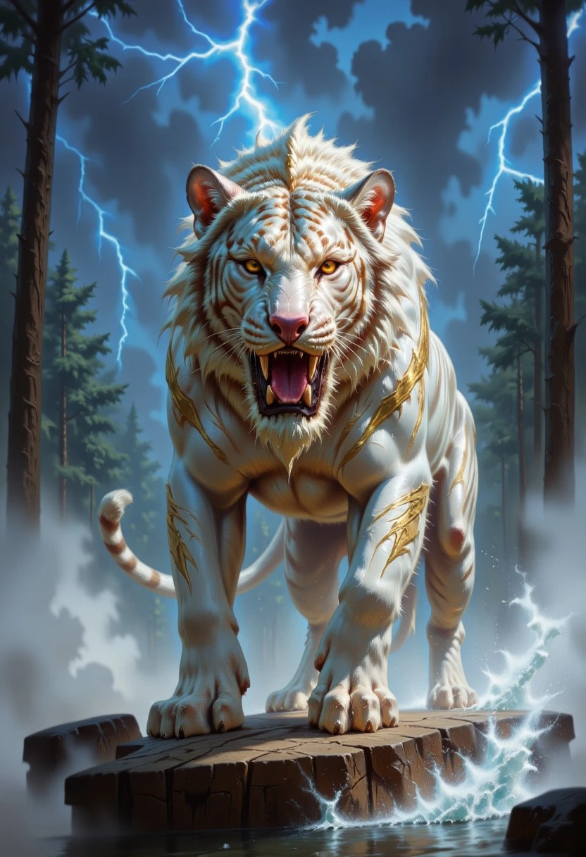 DFOP-V2.5 style oil painting that features a majestic white tiger, surrounded by the aura of lightning, the tiger is covered with golden glowing tattoos he is standing on te rock in the middle of the forest with lake in the background. The tiger is roaring in viewer direction and in the background there are multiple lightning strikes.