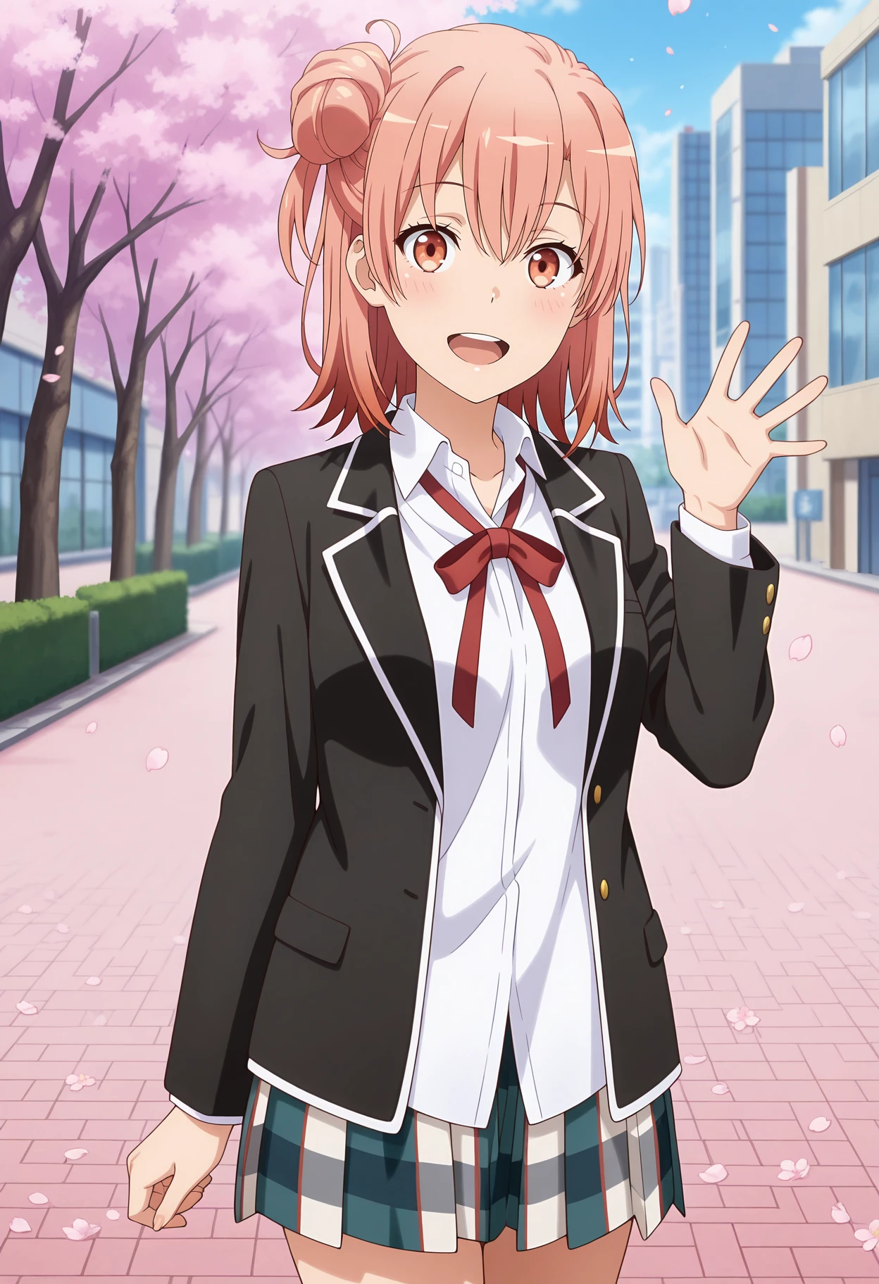 anime screencap, masterpiece, best quality,
<lora:YahariOreNoSeishunLoveComedy_YuigahamaYui_IlluXL:0.9>,
1girl, solo, open mouth, light smile, blush, upper teeth only, happy,
medium hair, orange hair, single side bun, orange eyes, hair between eyes,
YuiSchool, open jacket, black jacket, collared shirt, white shirt, neck ribbon, red ribbon, long sleeves,
plaid skirt, pleated skirt, multicolored skirt,
waving,
cowboy shot, standing, looking at viewer,
cherry blossoms, petals, building, city, outdoors, blurry background