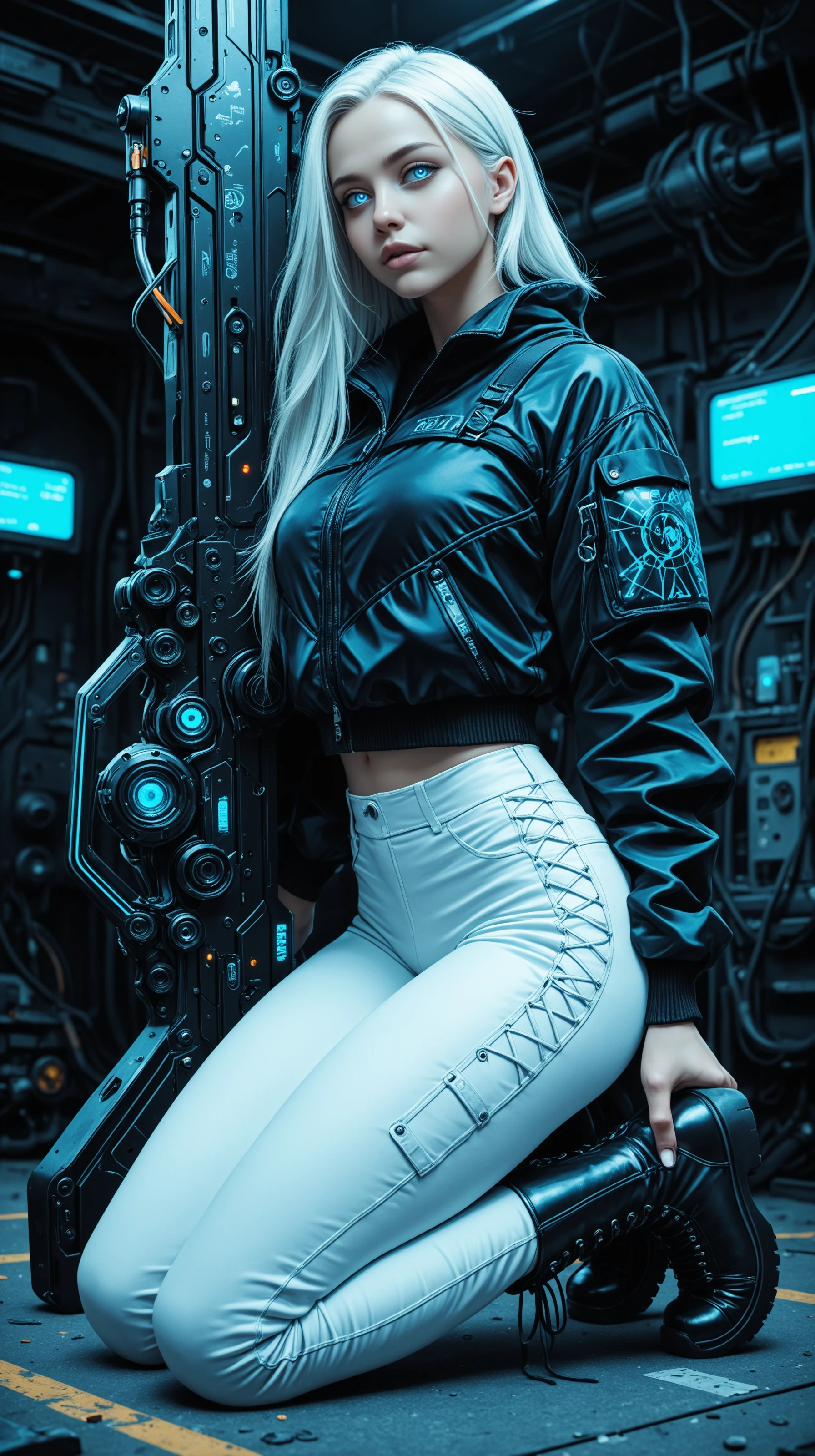 masterpiece, best_quality, amazing_quality, very_aesthetic, absurdres, detailed_eyes, vibrant_colors, realistic, Glitch_Art, monochromatic_colors, 1girl, white_hair, blue_eyes, techwear, jacket, pants, lace-up_boots, kneeling, leaning_on_weapon, huge_weapon, planted, glowing, scifi, dynamic_angle, looking_at _viewer,