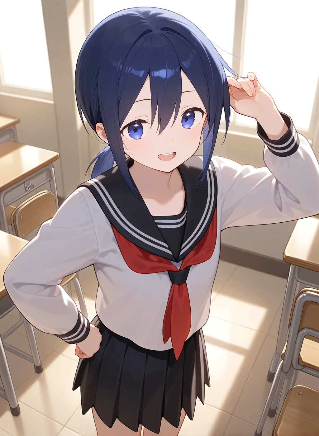 High quality,Ultra detailed,best quality,insanely detailed,beautiful,perfect lighting,masterpiece,highres,absurdres,very aesthetic,very awa,sensitive BREAK
<lora:kudou_hazuki_V1_IL:1>,(kudou hazuki, kubo-san wa mob wo yurusanai, blue hair, long hair, blue eyes, ponytail,short ponytail),(school uniform, serafuku, white shirt, black sailor collar, red neckerchief,pleated skirt),uwabaki,1girl,solo,:d,looking_at_viewer,standing,posing,indoors,day,