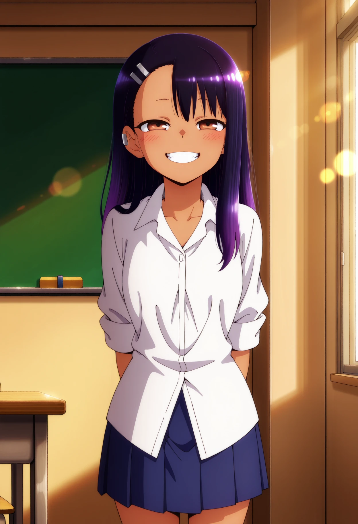 anime screencap, masterpiece, best quality,
<lora:IjiranaideNagatoro_Nagatoro_IlluXL:0.9>, NagatoroStyle,
1girl, solo, open mouth, grin, teeth, light blush,
dark skin, long hair, multicolored hair, black hair, purple hair, asymmetrical bangs, half-closed eyes, brown eyes, hairclip, earclip,
NagatoroSchool, dress shirt, white shirt, untucked shirt, sleeves rolled up, pleated skirt, blue skirt,
standing, looking at viewer, arms behind back, cowboy shot,
indoors, classroom, lens flare, evening