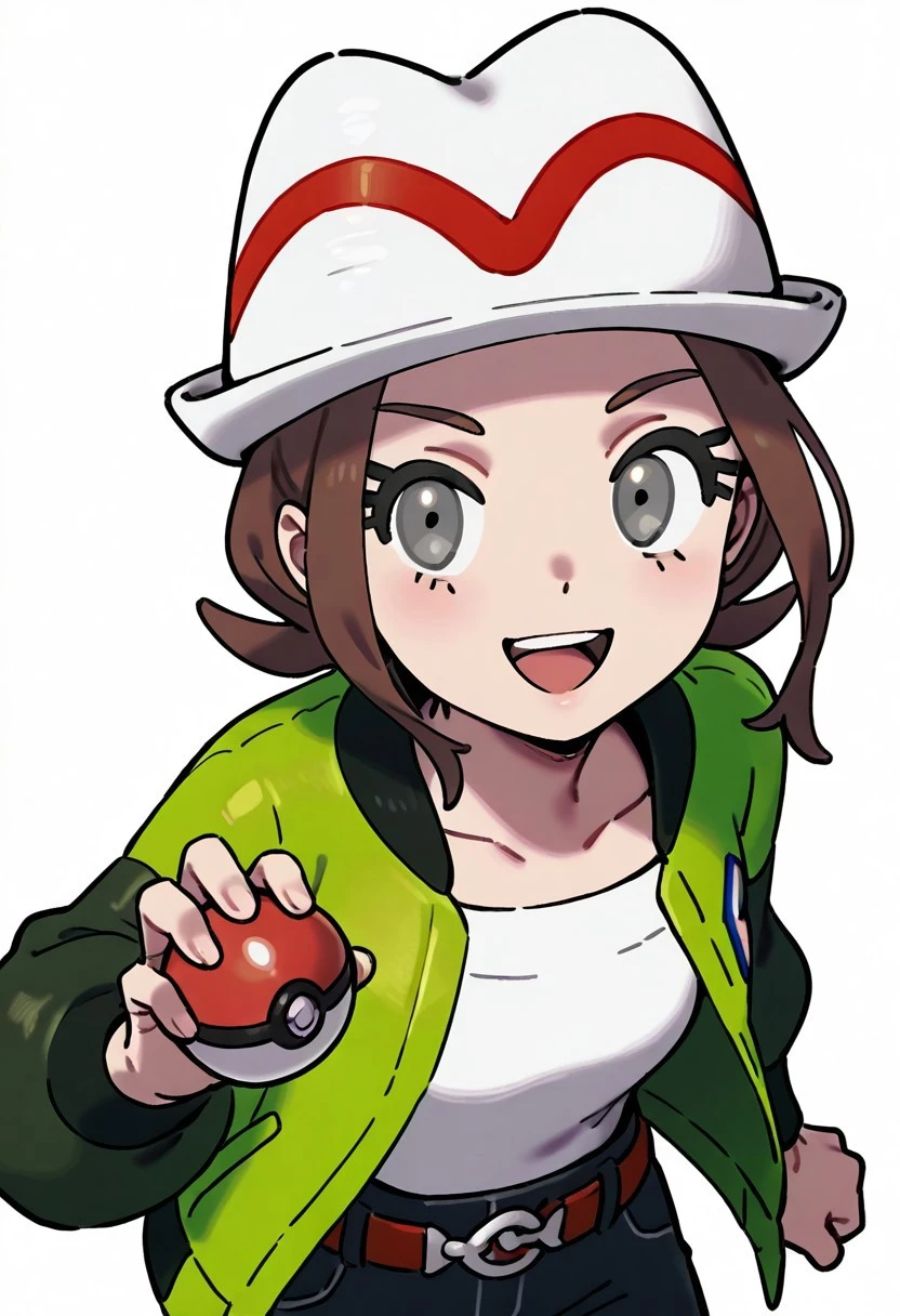 masterpiece, best quality, 1girl, solo, eyelashes, (beautiful eyes), zzMC, looking at viewer, smile, open mouth, simple background, shirt, long sleeves, hat, white background, holding, collarbone, jacket, white shirt, :d, open clothes, teeth, tongue, belt, pants, open jacket, grey eyes, eyelashes, white headwear, upper teeth only, buckle, poke ball, belt buckle, green jacket, poke ball (basic), holding poke ball, ,