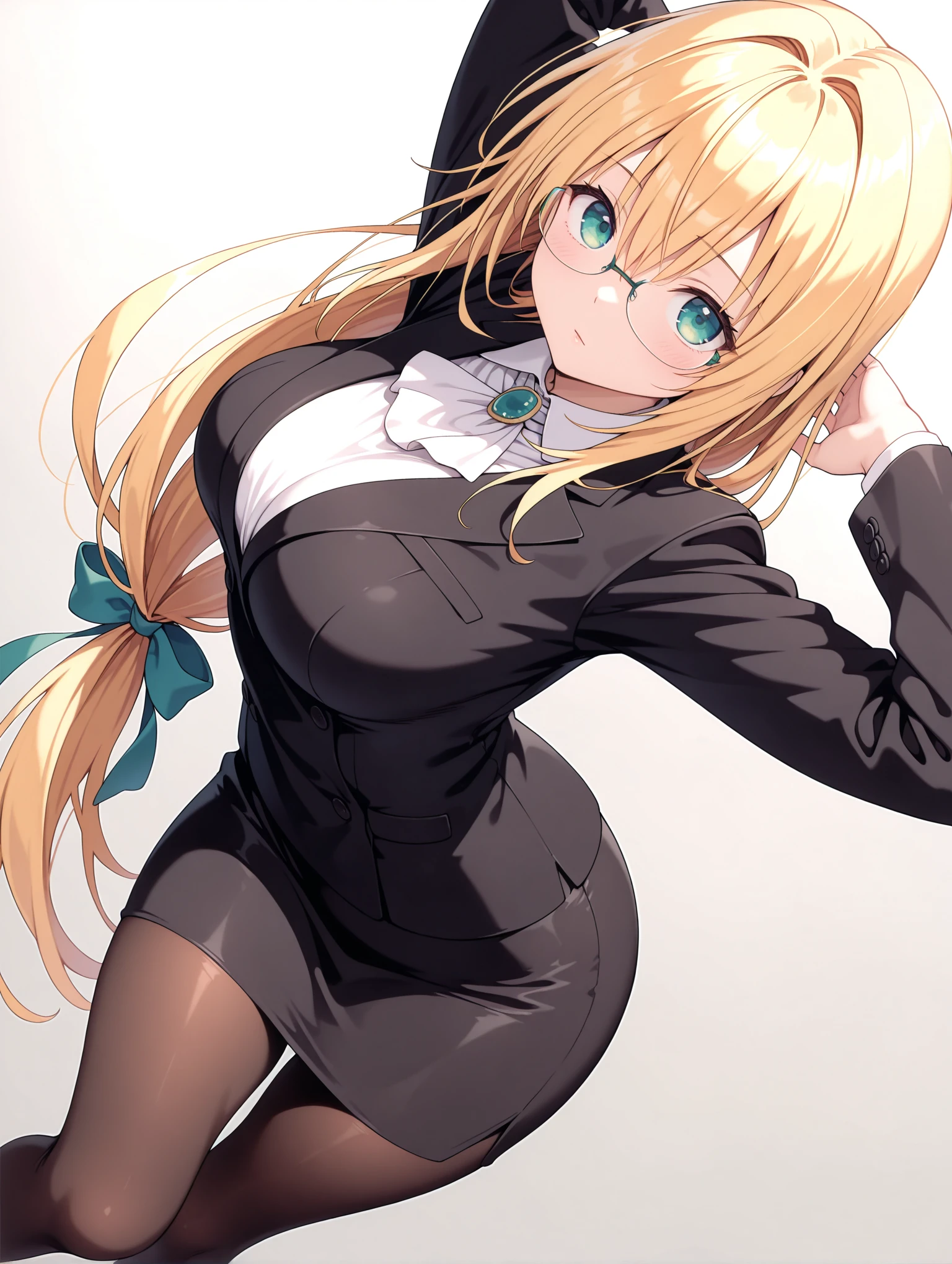 masterpiece,best quality,newest,
1girl,solo,
<lora:Tearju_ilxl_v1:1>,Tearju,t_glasses,t_clothes,black jacket,black skirt suit,pantyhose,
<lora:Fixhands_anime_bdsqlsz_V1:1>,dynamic_angle,cinematic_angle,white_background,simple_background,looking_at_viewer,standing,