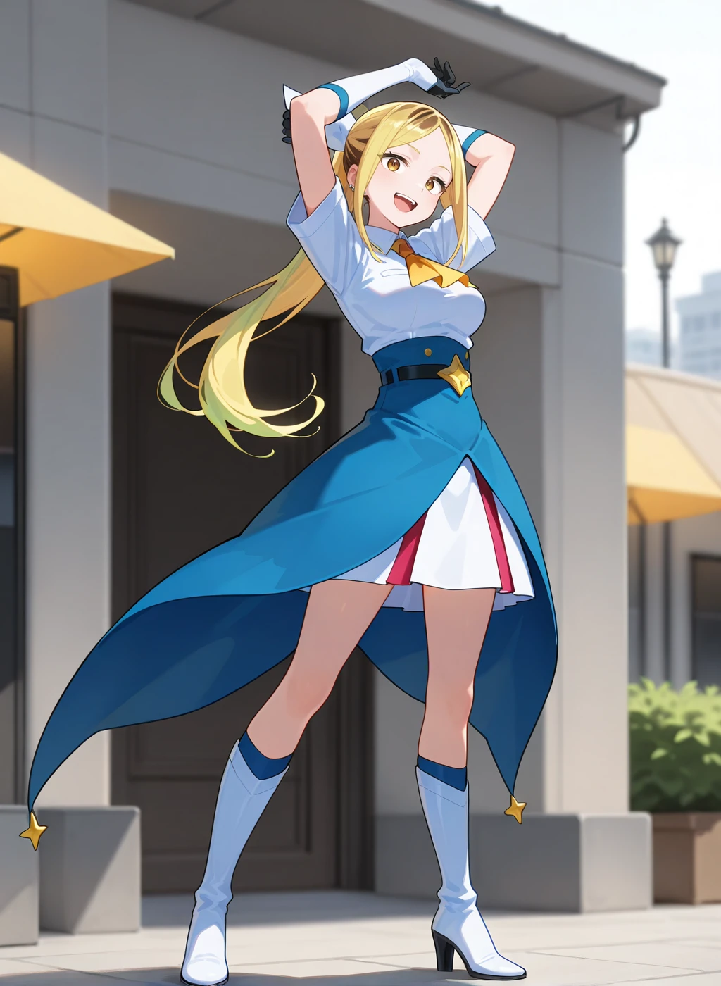 High quality,Ultra detailed,best quality,insanely detailed,beautiful,perfect lighting,masterpiece,highres,absurdres,very aesthetic,very awa,sensitive BREAK
<lora:koshigaya_hitomi_V1_IL:1>,(koshigaya hitomi, kabushikigaisya magilumiere, blonde hair, long hair, brown eyes, earrings,medium breasts,two-tone hair ),( ponytail, hair ribbon, magical girl, gloves, star (symbol), skirt, shirt,ascot,elbow gloves,white gloves,black gloves,short sleeves,white footwear,knee boots,high heel boots),1girl,solo,:d,looking_at_viewer,standing,full body,posing,outdoors,day,stretch,arms up,sanpaku,