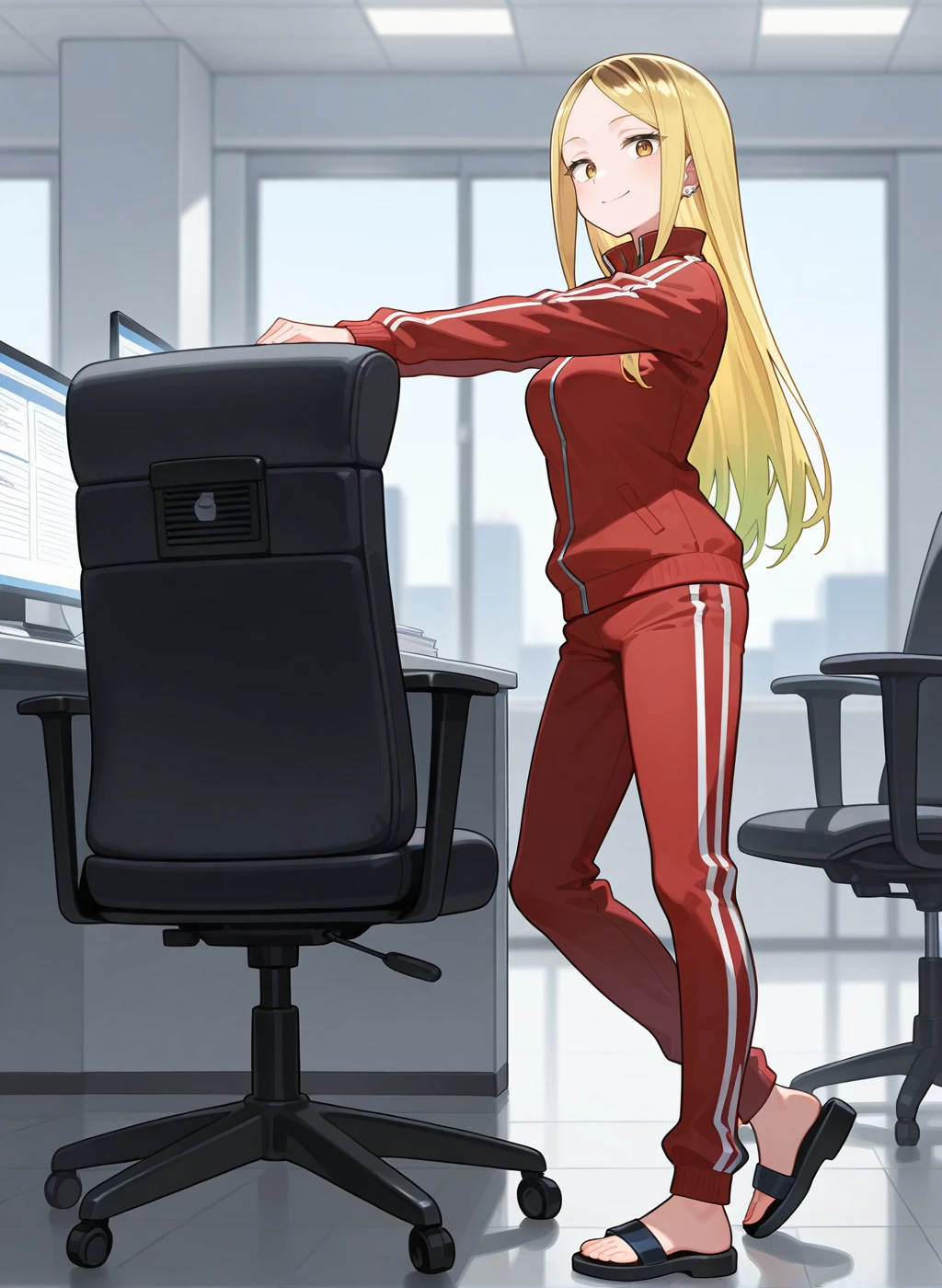 High quality,Ultra detailed,best quality,insanely detailed,beautiful,perfect lighting,masterpiece,highres,absurdres,very aesthetic,very awa,sensitive BREAK
<lora:koshigaya_hitomi_V1_IL:1>,(koshigaya hitomi, kabushikigaisya magilumiere, blonde hair, long hair, brown eyes, earrings,medium breasts,two-tone hair ),(red track jacket, red track pants, ),1girl,solo,smile,looking_at_viewer,standing,posing,indoors,day,sanpaku,desk,office chair,office,sandals,