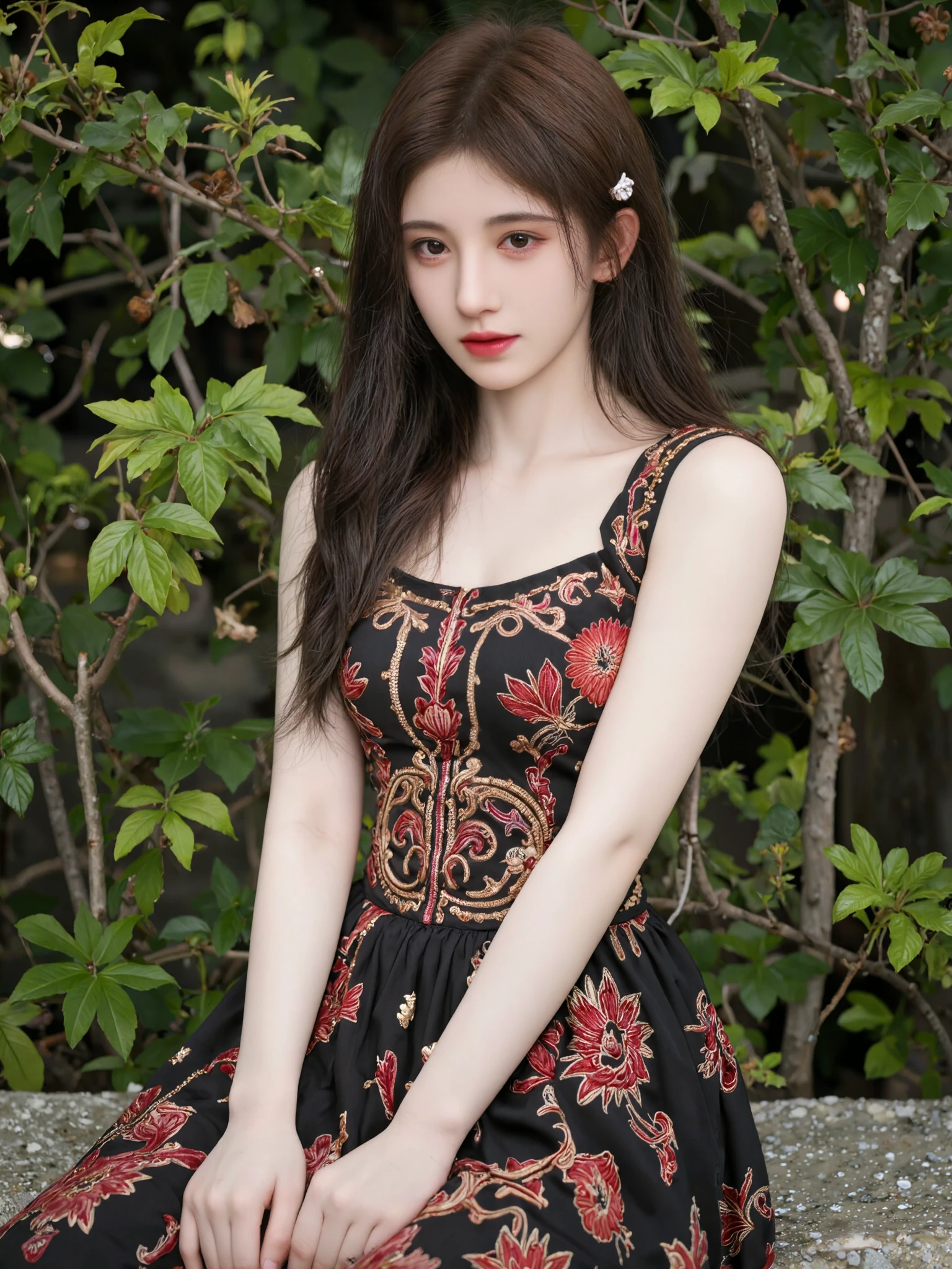This photograph captures a young Asian woman with a light skin tone, wearing a sleeveless black dress adorned with intricate red and gold embroidery. The dress has a slightly puffy skirt, and she pairs it with a delicate bracelet on her left wrist. Her long, wavy brown hair cascades over her shoulders, and she wears a small gold hair accessory. The background features lush, green foliage, creating a natural, vibrant contrast to her attire. The image is taken outdoors with natural lighting, and the camera angle is slightly below eye level, emphasizing her face and upper body. The composition adheres to the rule of thirds, placing her face along the upper third line.