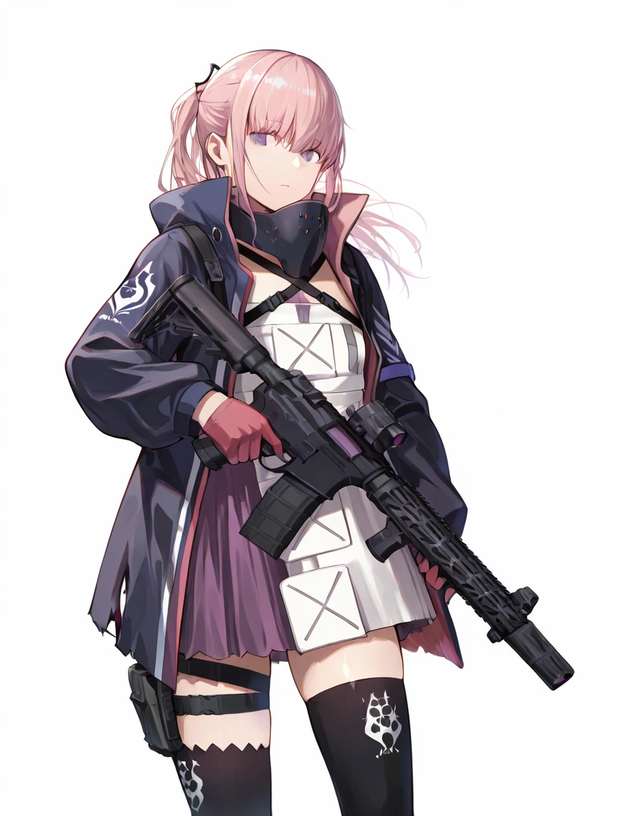 Volumetric Lighting, (masterpiece), (best quality), (ultra-detailed), masterpiece, source_anime, score_9, score_8_up, score_7_up BREAK, illustration, disheveled hair, detailed eyes, perfect composition, moist skin, intricate details BREAK, purple eyes, pink hair, ponytail, sidelocks, hair between eyes BREAK, AR15MOD3, layered clothes, MOD3_vest, white vest, MOD3_jacket, black jacket, MOD3_dress, pink dress, MOD3_chest_strap, uneven legwear, MOD3_thighhighs, MOD3_gloves, MOD3_thigh_holster, MOD3_thigh_strap, MOD3_battle_mask, MOD3_hair_ornament, BREAK, ((white background)), looking at viewer, standing, holding rifle, assault rifle, ar-15, holding ar-15, trigger discipline
