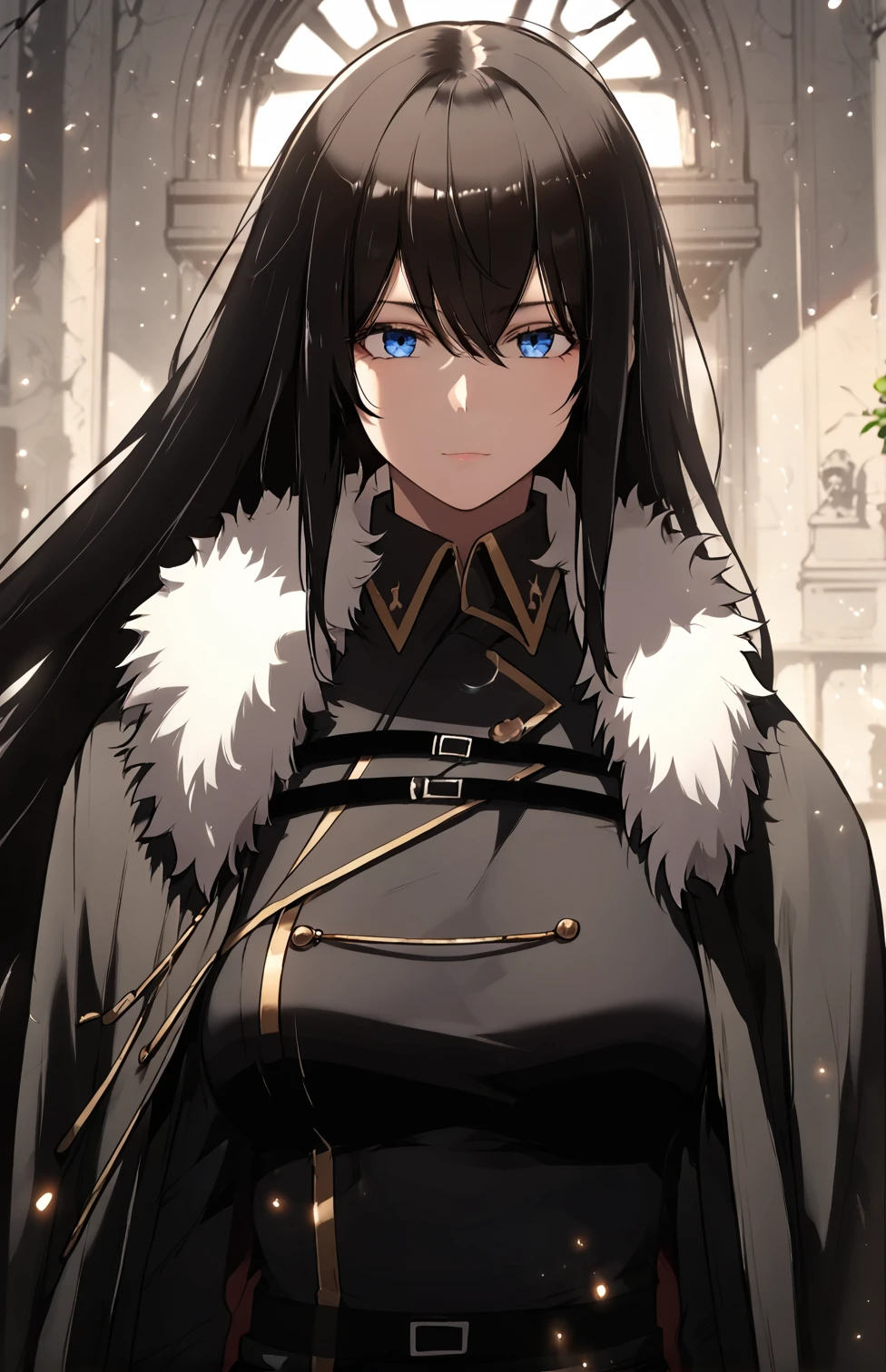 <lora:Karina_Dragonia-000004:1>
blue eyes, long hair, black hair, loose hair, hair between the eyes, bangs, sidelocks, medium breasts
black jacket, black uniform, black pants, black gloves
score_9, score_8_up, score_7_up, very aesthetic, source_anime, detailed, high quality, beautiful, masterpiece, detailed eyes, tree, ruins, cowboy shot, dynamic angle, upper body,sad expression, melancholic smile, medium breasts, dynamic pose