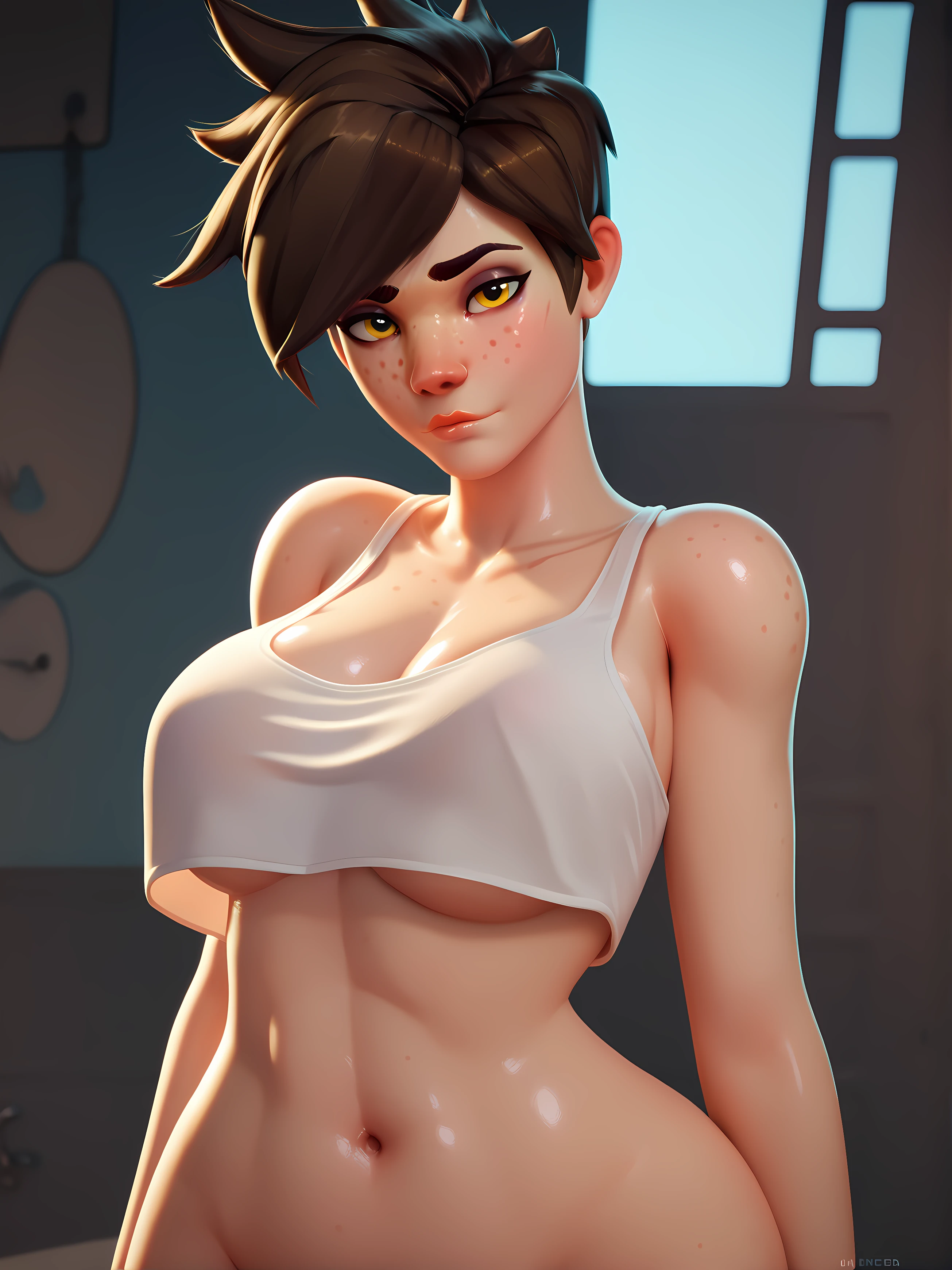 VHS cover for a porn starring tracer. hoop-earings. biting her lip. naked. nude. slut. small_boobs. freckles. pornstar nsfw