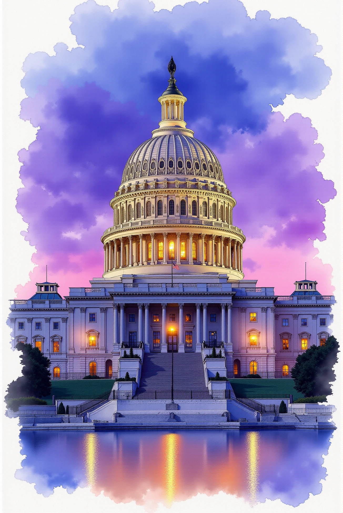 <lora:Vintage_sketch_style_v.1:0.8> VintageSketch style. A stately architectural sketch of the U.S. Capitol Building at dusk, centered on its iconic white dome and classical portico. The view is from the Reflecting Pool, with a low angle magnifying the structure against a twilight sky. Ink lines capture the fluted Corinthian columns, triangular pediment, and graceful curves of the dome, while watercolor washes of purples and blues fill the sky. Warm golden light glows from the dome’s windows and exterior floodlights, creating a contrast against the cool backdrop. The reflecting pool softly mirrors the Capitol, uniting precise architectural detail with an expressive dusk atmosphere that honors this symbol of democracy.