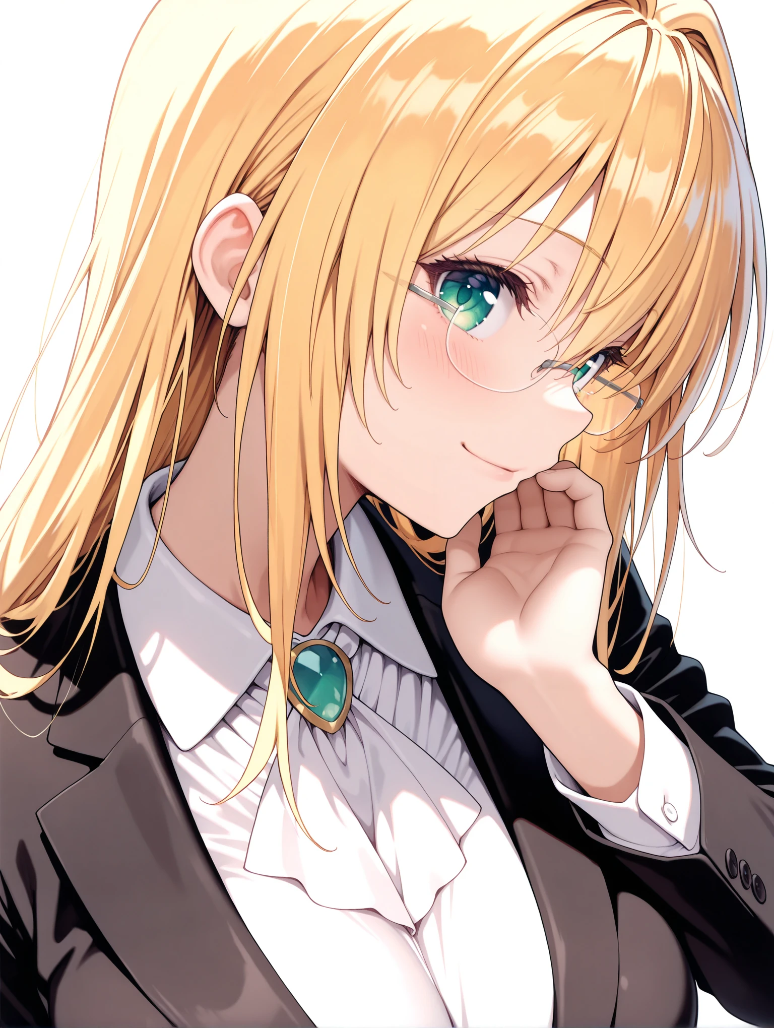 masterpiece,best quality,newest,
1girl,solo,
<lora:Tearju_ilxl_v1:1>,Tearju,blonde hair,green eyes,t_glasses,rimless glasses,t_clothes,white collared shirt,black jacket,
<lora:Fixhands_anime_bdsqlsz_V1:1>,light_blush,looking_at_viewer,white_background,simple_background,smile,face_focus,standing,upper_body,profile,