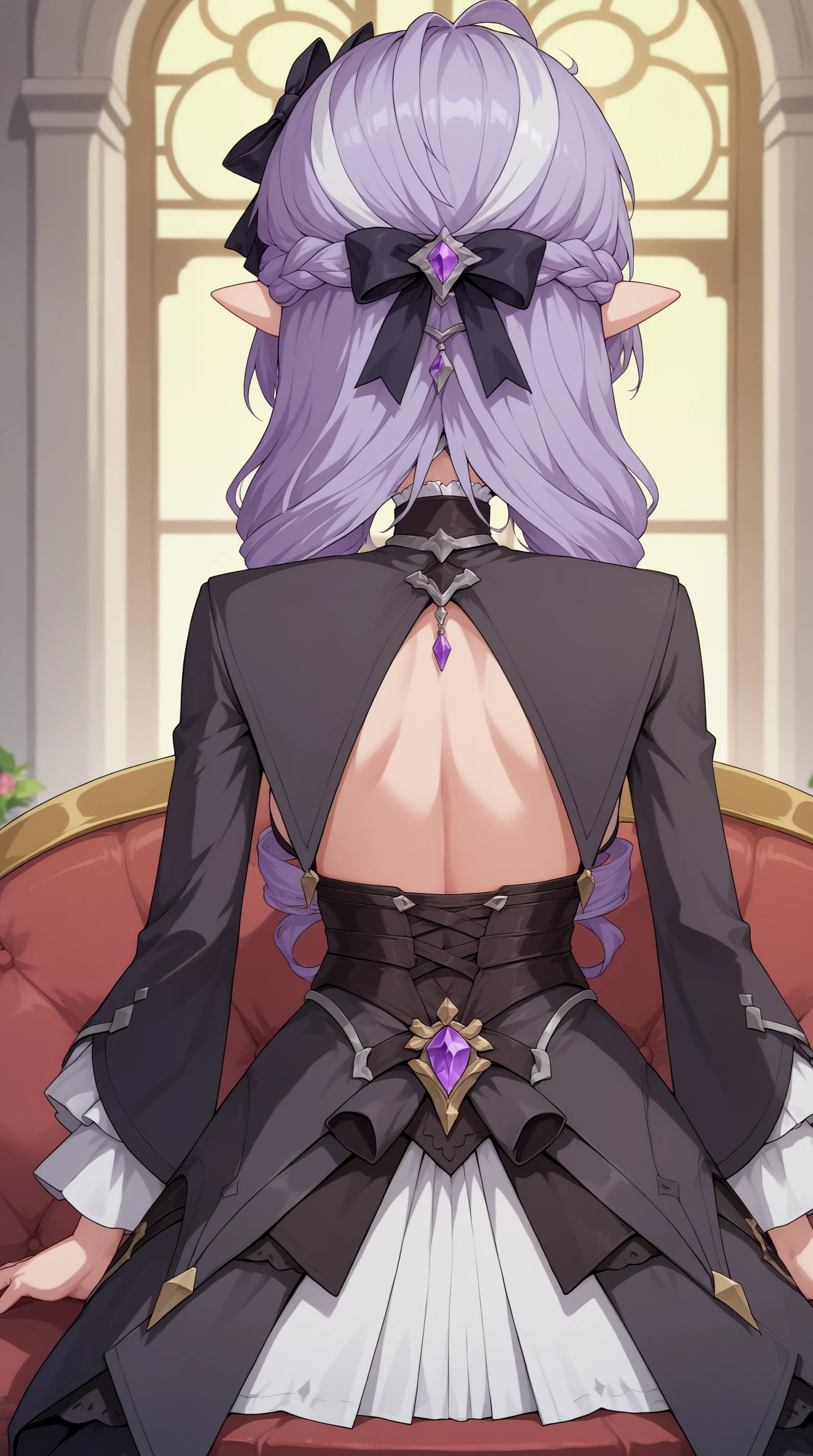 score_9, score_8_up, score_7_up,anime_source, source_anime, best background, indoors,detailed background, anime screencap, 4k, upscale, Vivian_ZZZ, 1girl, long hair, black pantyhose, black dress, drill hair, purple hair, long sleeves, multicolored hair, sitting, from behind, back, pointy ears, french braid, from behind, streaked hair, facing away, black bow, hair bow, ribbon, <lora:Vivian_ZZZ_PONYv5:0.8>