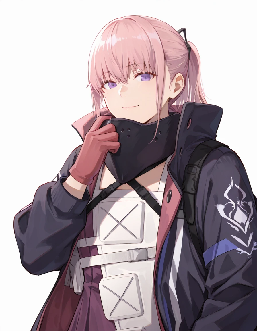 Volumetric Lighting, (masterpiece), (best quality), (ultra-detailed), masterpiece, source_anime, score_9, score_8_up, score_7_up BREAK, illustration, disheveled hair, detailed eyes, perfect composition, moist skin, intricate details, detailed eyes, detailed face, detailed fingers BREAK, purple eyes, pink hair, ponytail, sidelocks, hair between eyes BREAK, AR15MOD3, layered clothes, MOD3_vest, white vest, MOD3_jacket, black jacket, MOD3_dress, pink dress, MOD3_chest_strap, MOD3_gloves, MOD3_battle_mask, MOD3_hair_ornament, BREAK, ((white background)), looking at viewer, smile, upper body, face focused, hand up