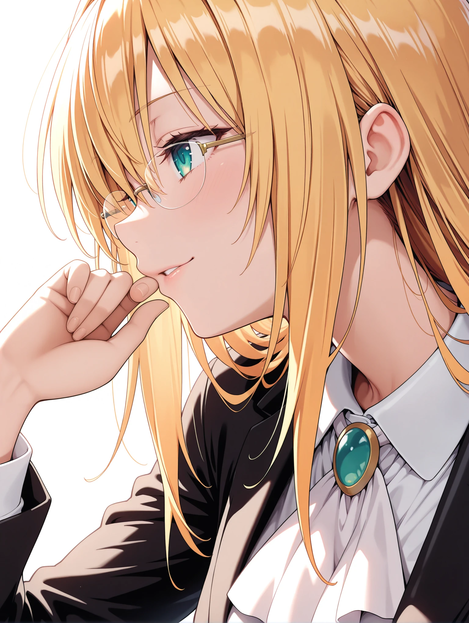 masterpiece,best quality,newest,
1girl,solo,
<lora:Tearju_ilxl_v1:1>,Tearju,t_glasses,rimless glasses,t_clothes,black jacket,
<lora:Fixhands_anime_bdsqlsz_V1:1>,seductive_smile,white background,simple_background,hand_in_hair,standing,upper_body,profile,