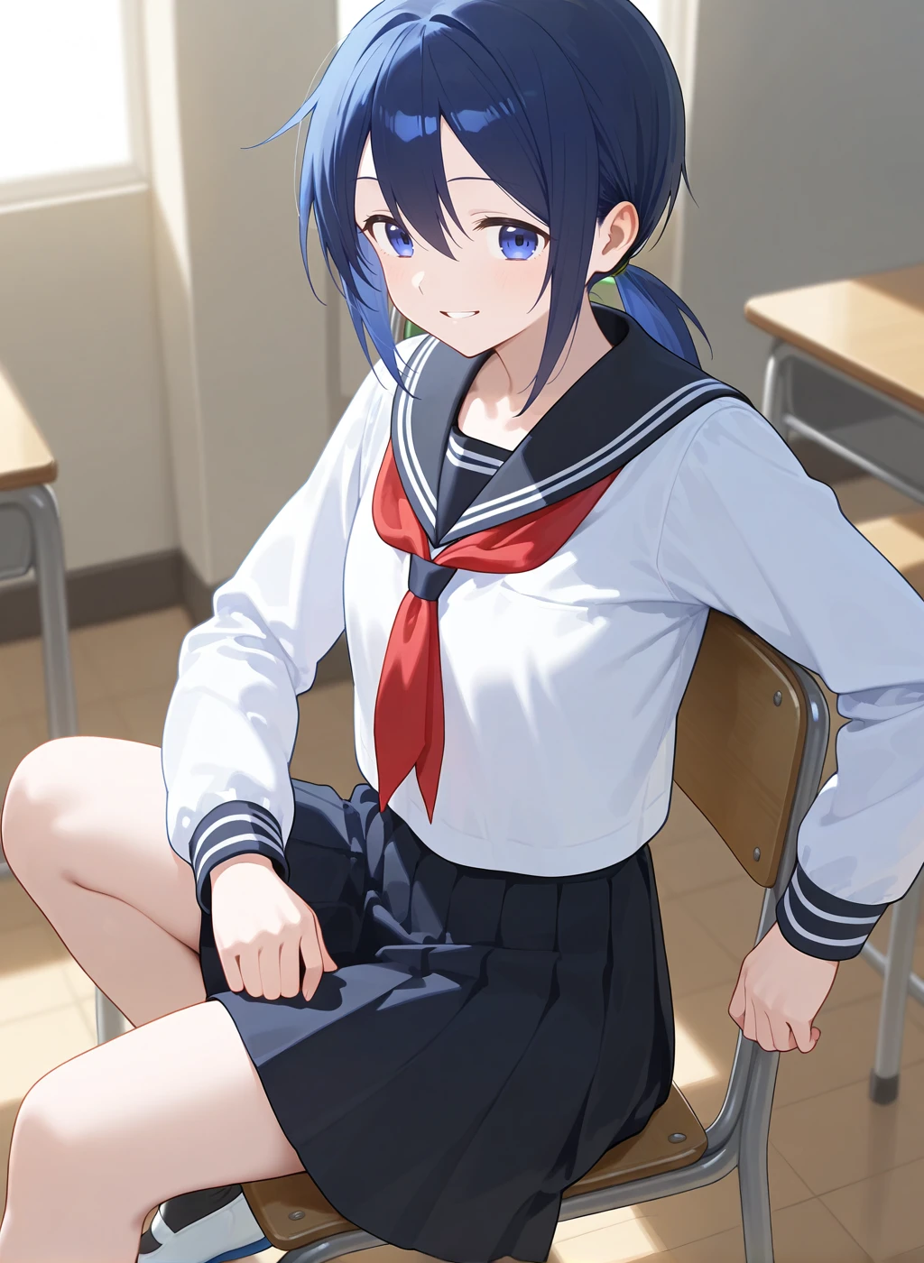 High quality,Ultra detailed,best quality,insanely detailed,beautiful,perfect lighting,masterpiece,highres,absurdres,very aesthetic,very awa,sensitive BREAK
<lora:kudou_hazuki_V1_IL:1>,(kudou hazuki, kubo-san wa mob wo yurusanai, blue hair, long hair, blue eyes, ponytail,short ponytail),(school uniform, serafuku, white shirt, black sailor collar, red neckerchief,pleated skirt),uwabaki,1girl,solo,smile,parted lips,looking_at_viewer,posing,indoors,sitting on chair,