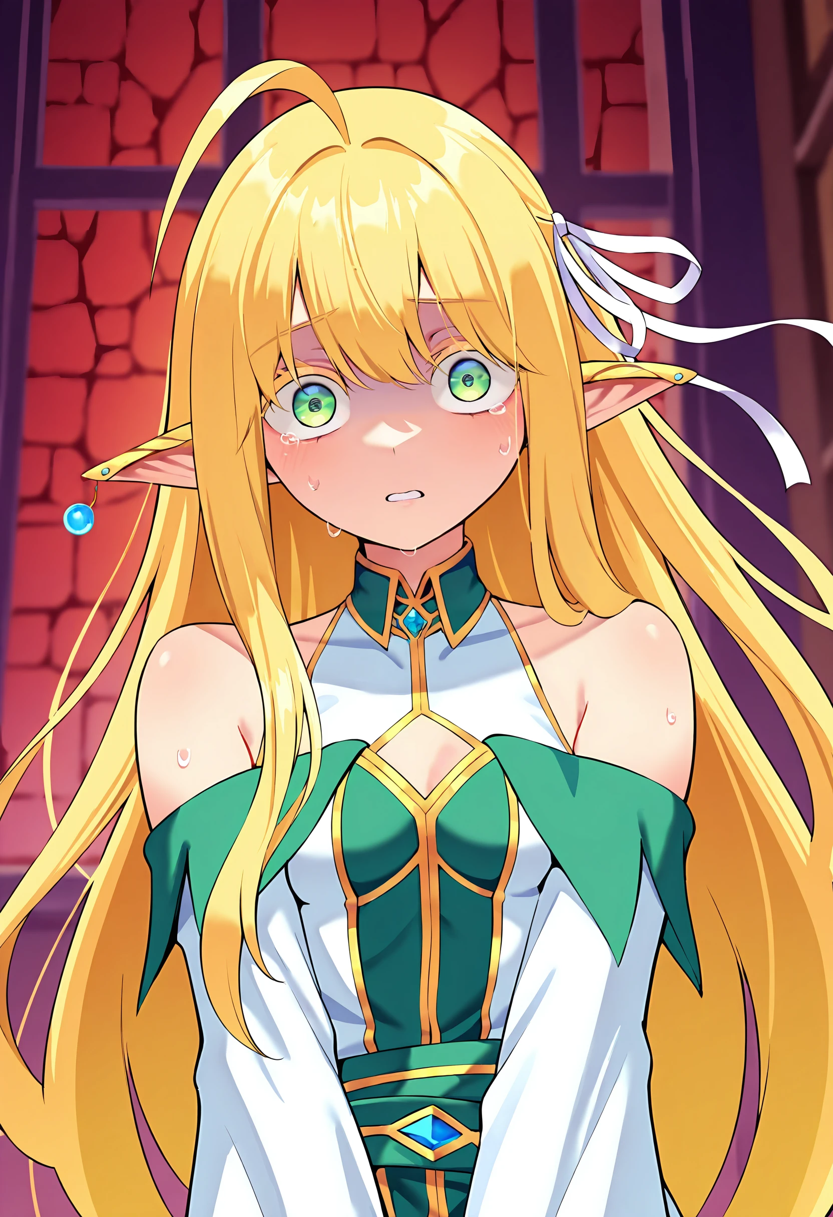 masterpiece, best quality, amazing quality, very aesthetic, absurdres, newest, 1girl, solo girl, medival city wall background, upper body shot, <lora:add-detail-xl:2>
BREAK <lora:Tia_Lunaritia_r1:0.8> Tia, elf, blonde hair, long hair, ahoge, big eyes, pointy ears, green eyes, colored eyelashes, hair ribbon, earrings, small breasts, in shock,
BREAK detatched sleeves, bare shoulders,
masterpiece, best quality, amazing quality, very aesthetic, absurdres, newest