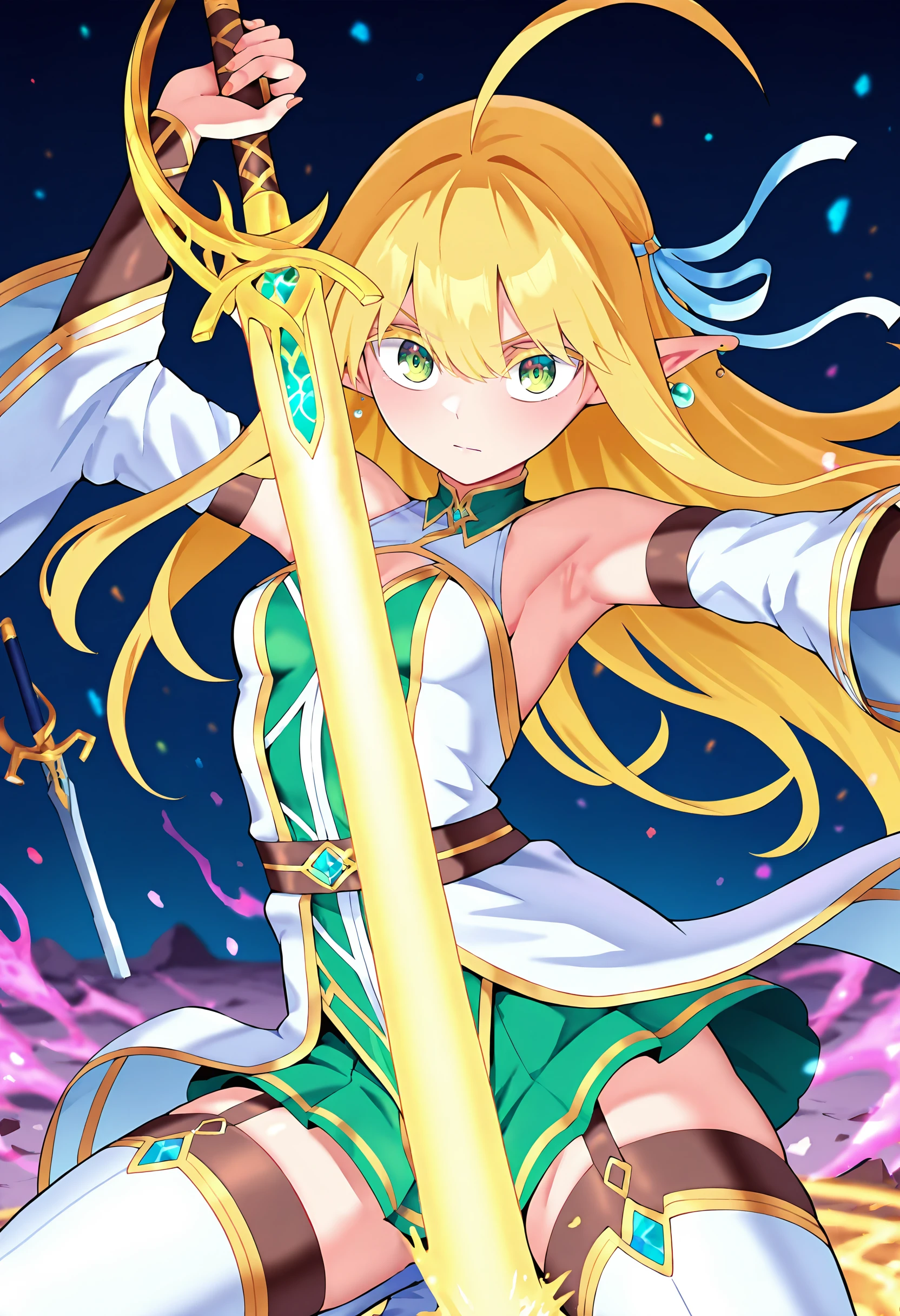 masterpiece, best quality, amazing quality, very aesthetic, absurdres, newest, 1girl, solo girl, cowboy shot, close op, battle pose, dynamic pose, kneeling, holding sword, planted sword,
BREAK <lora:Tia_Lunaritia_r1:0.8> Tia, elf, blonde hair, long hair, ahoge, big eyes, pointy ears, green eyes, earrings, tilted head, colored eyelashes, hair ribbon, small breasts, casting earth magic, magic,
BREAK dress, skirt, garter straps, detatched sleeves,
masterpiece, best quality, amazing quality, very aesthetic, absurdres, newest