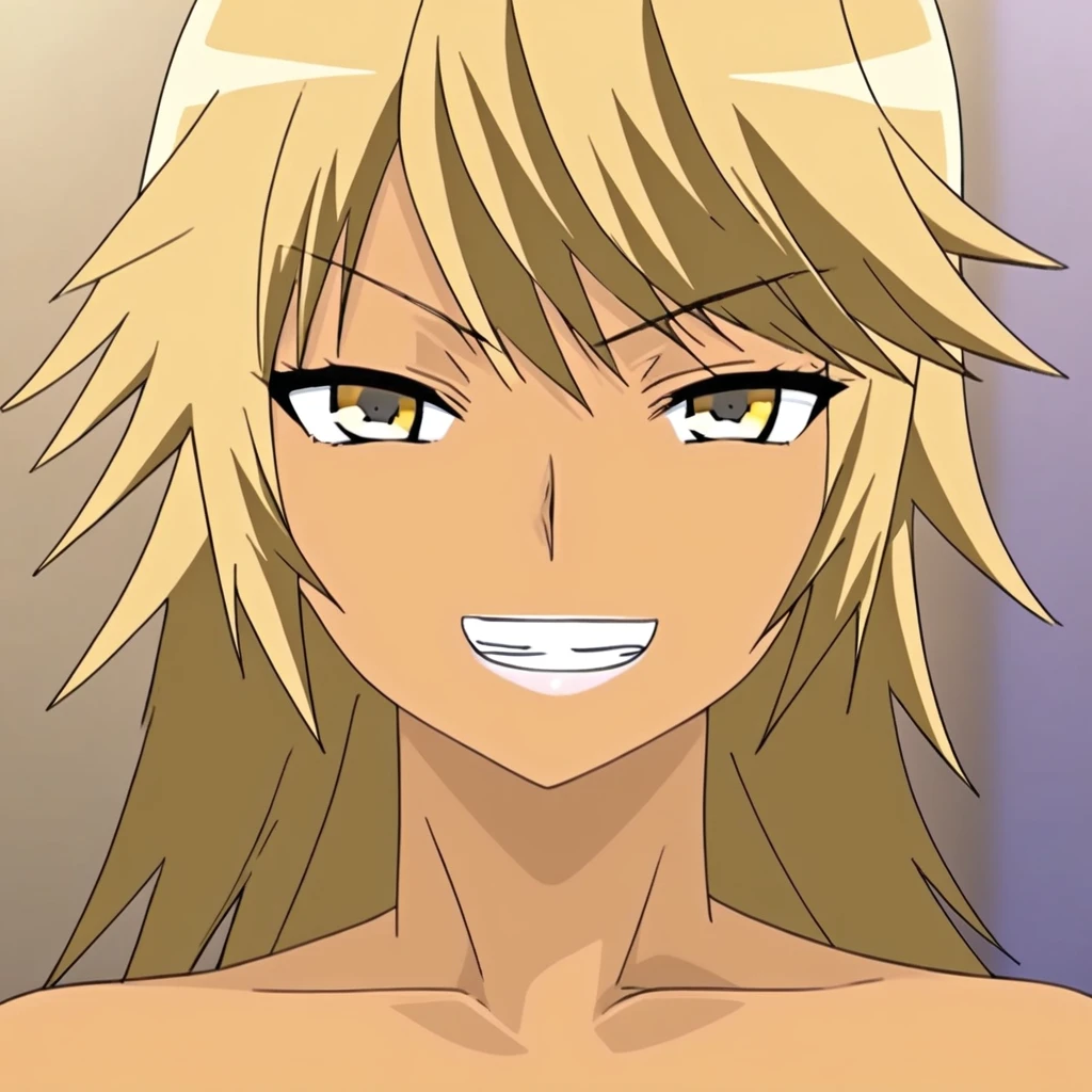 1girl,solo,blonde hair,yellow eyes,dark skin,bang,medium hair,curly hair, blush,looking at viewer,smile,breasts,lipstick,sitting,body,thighs