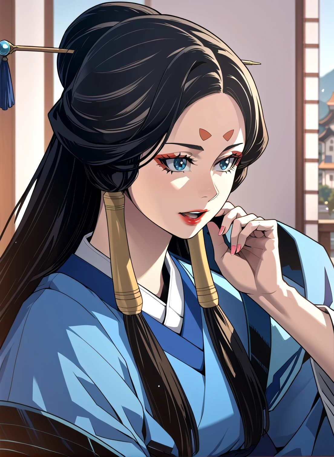 <lora:The_Great_Shaman:1>
1 girl, solo, black hair, long hair, blue eyes, lipstick, facial mark, forehead mark, <lora:!action-sdxl-V0.5:1>
kimono, japonese clothes, hair tubes, hair ornament, hair stick
score_9, score_8_up, score_7_up, very aesthetic, source_anime, detailed, high quality, beautiful, masterpiece, detailed eyes, castle, village, blurry background, cityscape, pose dynamic angle, light smile, open mouth, hand on hair, sitting <lora:light:1>