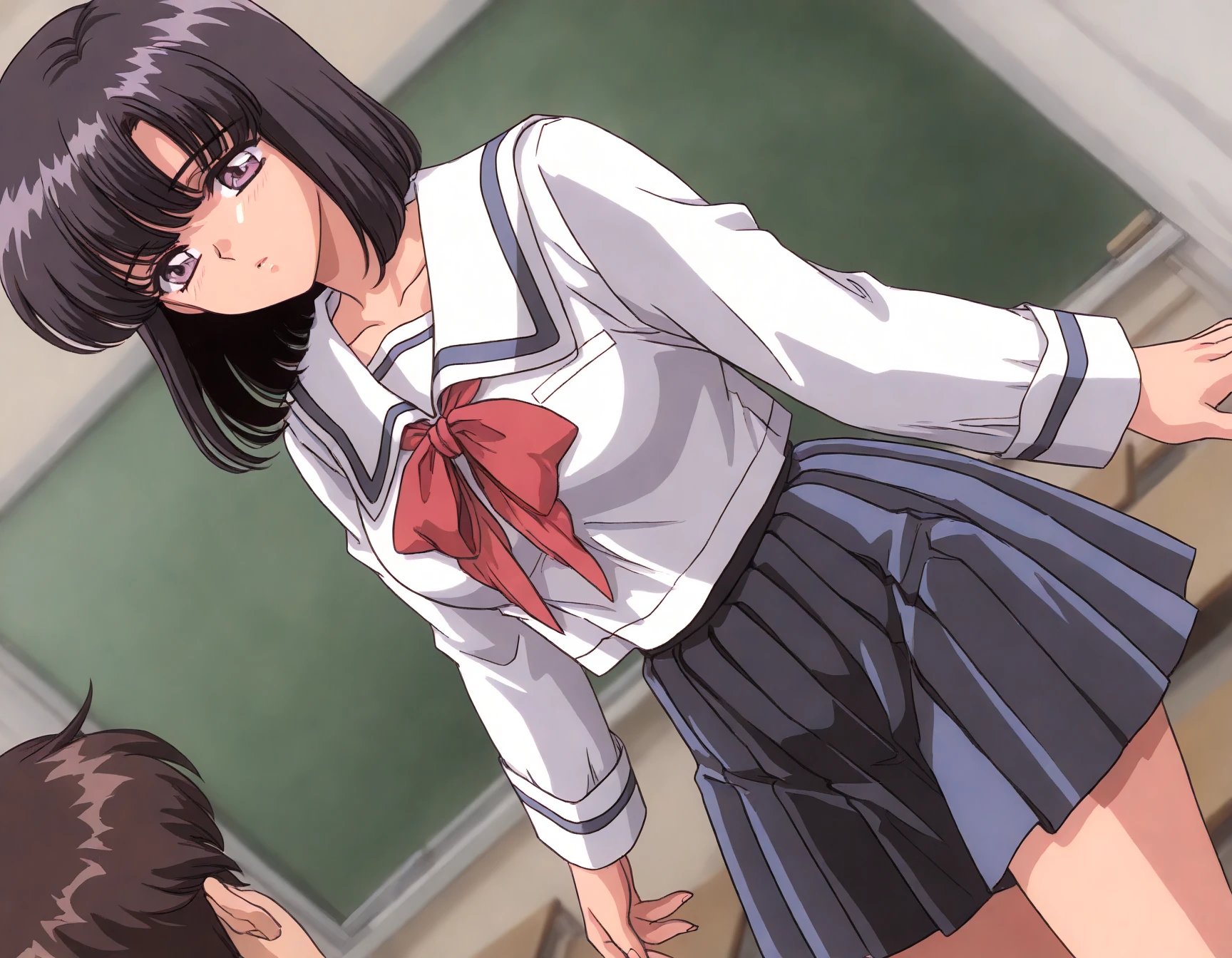 (High resolution),(High resolution),(High resolution),(8k), One girl, Yoshizuki_Iori、School_uniform_purple_shirt_green_skirt_white_neckerchief_black_Knee socks、In a high school classroom,  shirts lift, Show off your breasts,Browsing Caution、Large Breasts、blush、ass pov,1 boy, penis, breasts blowjob, paizuri, penis is between breasts, penis in breasts, breast squeeze, fellatio, How
