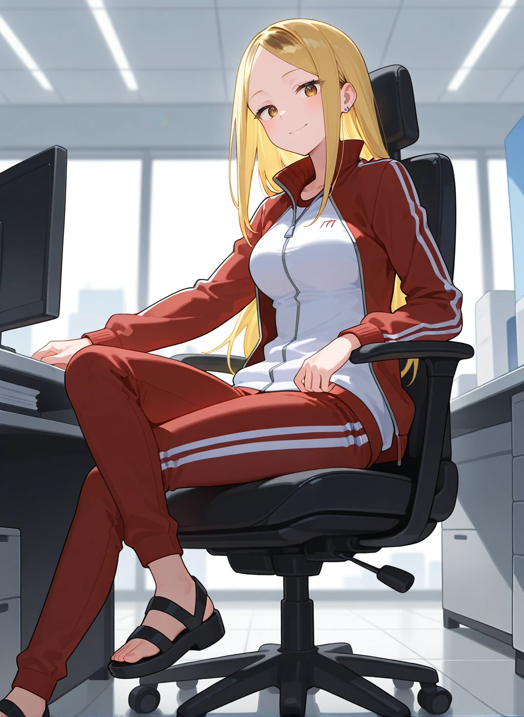 High quality,Ultra detailed,best quality,insanely detailed,beautiful,perfect lighting,masterpiece,highres,absurdres,very aesthetic,very awa,sensitive BREAK
<lora:koshigaya_hitomi_V1_IL:1>,(koshigaya hitomi, kabushikigaisya magilumiere, blonde hair, long hair, brown eyes, earrings,medium breasts,two-tone hair ),(red track jacket, red track pants, ),1girl,solo,smile,looking_at_viewer,posing,indoors,sitting on chair,day,sanpaku,desk,office chair,office,sandals,