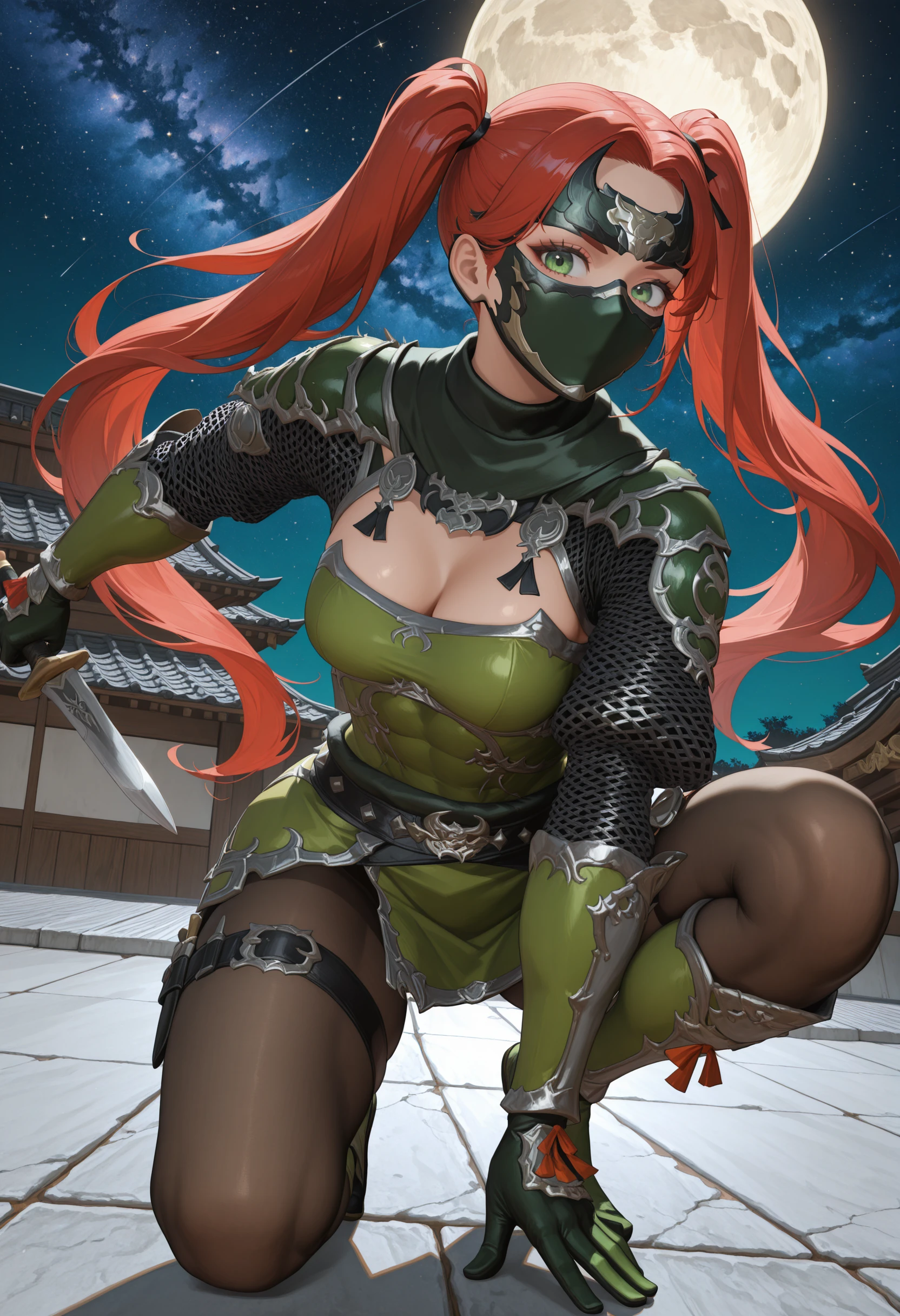 official art,very detailed CG Unity 8k 벽지, perfect lighting,fancy, glowing skin, (masterpiece),(best_quality:1.0), ultra high resolution,4K,very detailed, intricate details, photography, realistic, 8 thousand, hdr, mackerel, absurd:1.2, Kodak Portrait 400, film grain, blurry background, bokeh:1.2, lens flare, (vibrant_color:1.2),(alone), (sexy중년여성) , Shinobu Cookie, ,green hair, (Latex masks:1.3), (mature woman), (large in size_chest:1.2) , (wide hips) , (cowboy_launch) , (Female Ninja_Uniform:1.2) , (forest_background:1.2) , night , sexy