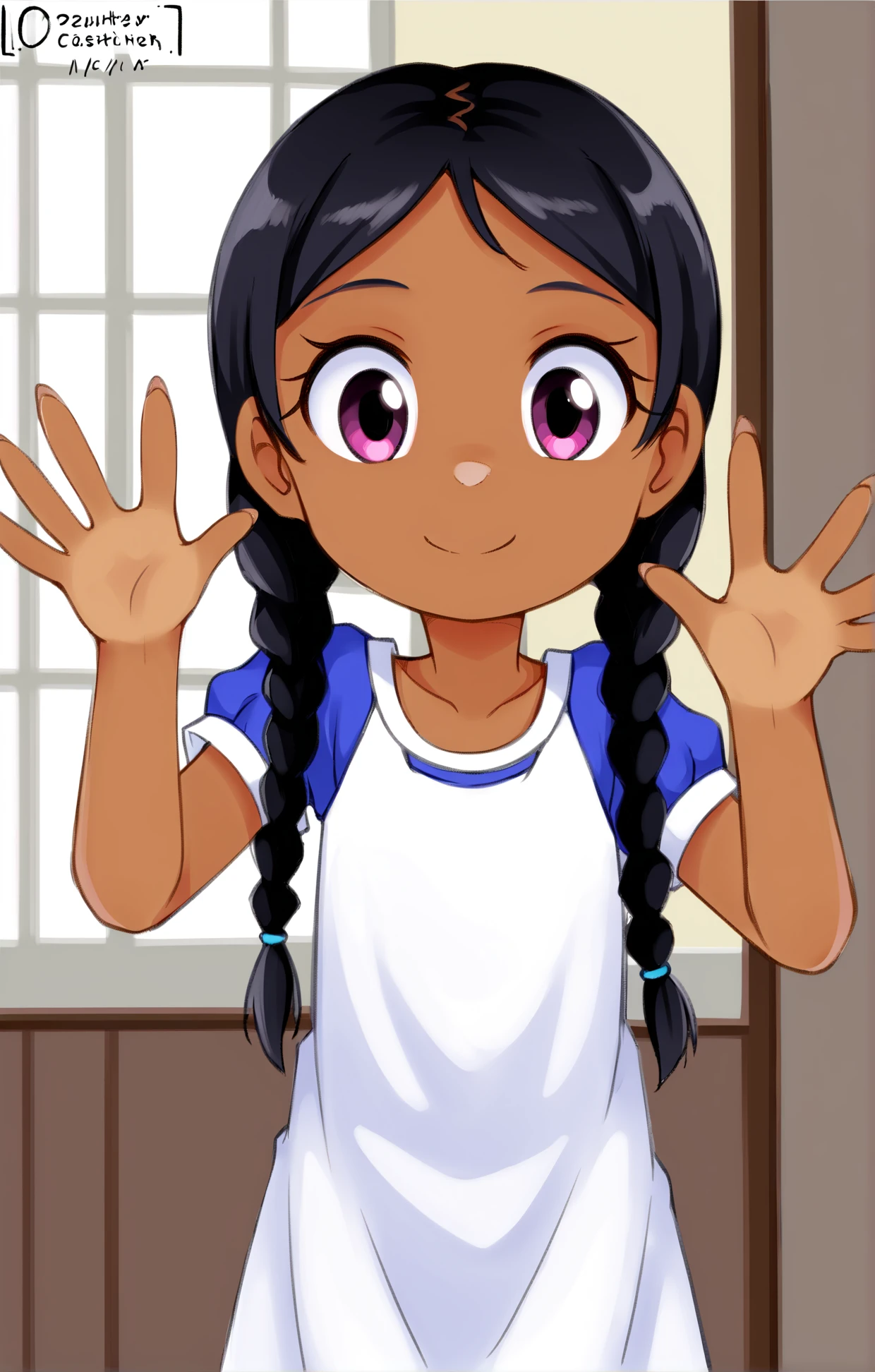 high quality, solo, 1girl, masterpiece, ((young)), (((cute))), (short), (((petite))), (short torso), blue , long braids , tan , (smiling), (cute outfit), handfixer, , <lora:Oozutsu_Cannon_Style-000013:1>,<lora:Pony_QualityV4.0:2>,<lora:HandFixer_pdxl_Incrs_v1:0.2>