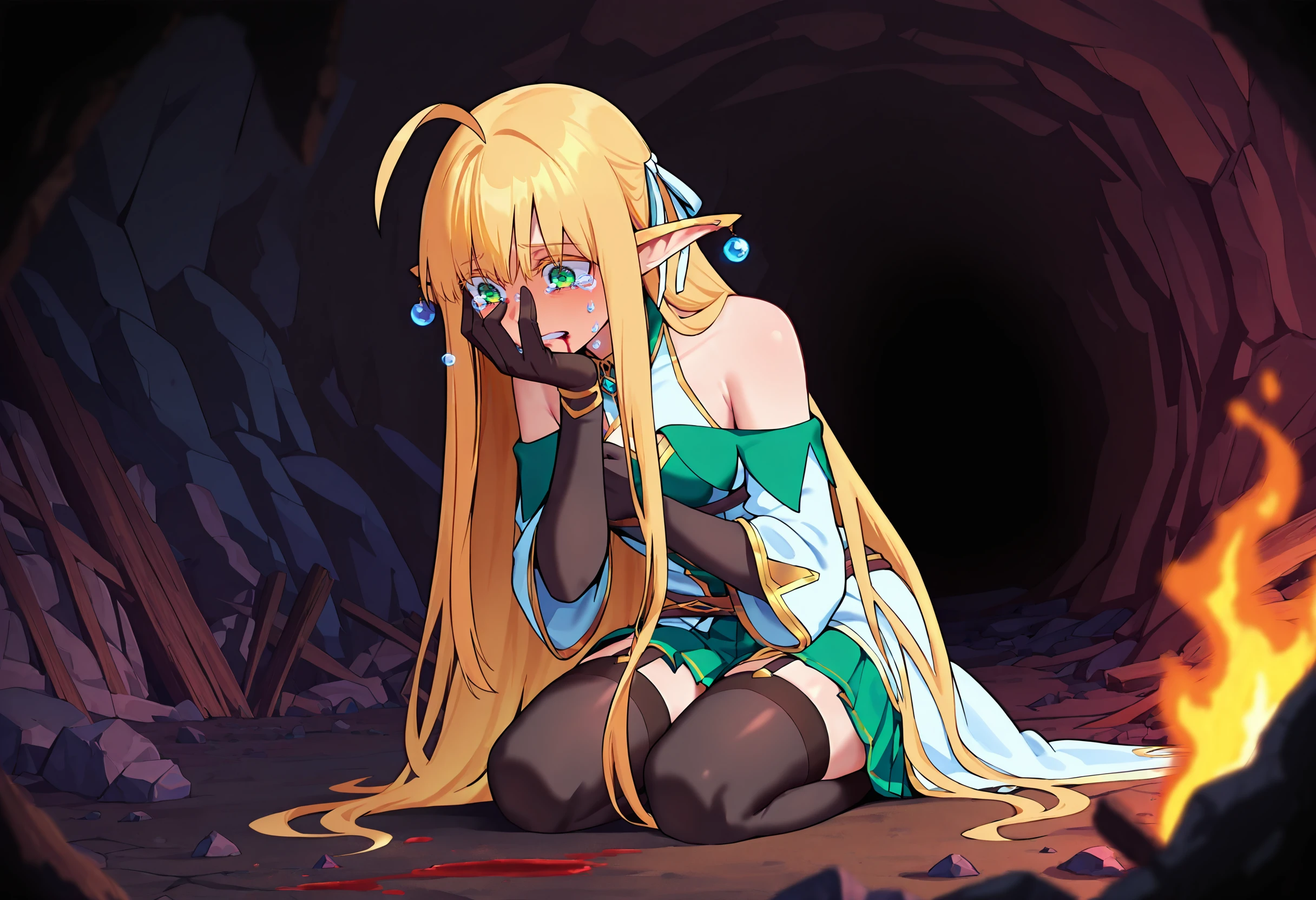 masterpiece, best quality, amazing quality, very aesthetic, absurdres, newest, 1girl, solo girl, dark cave, rubble, stones, blood, kneeling, torch on ground, tears on ground, close up, small puddle on ground, <lora:add-detail-xl:2> <lora:DarkerThanBlackIllustrious:1>
BREAK <lora:Tia_Lunaritia_r1:0.8> Tia, elf, blonde hair, long hair, ahoge, big eyes, pointy ears, green eyes, colored eyelashes, hair ribbon, earrings, small breasts, hand on face, sobbing, big tears falling on ground, teary eyes,
BREAK skirt, garter straps, detatched sleeves, bare shoulders, gloves, thighhighs, dead body off screen,
masterpiece, best quality, amazing quality, very aesthetic, absurdres, newest