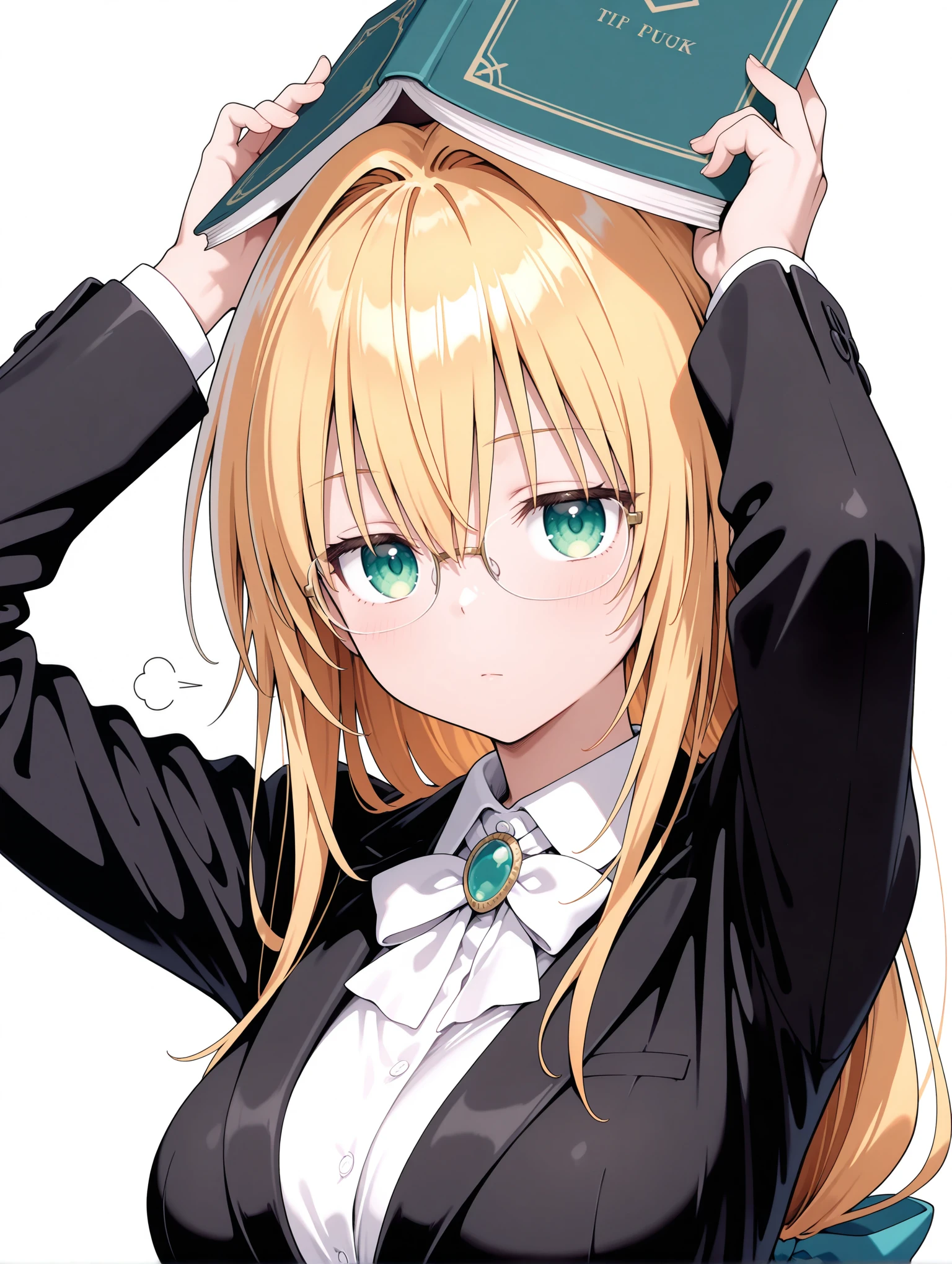 masterpiece,best quality,newest,
1girl,solo,
<lora:Tearju_ilxl_v1:1>,Tearju,blonde hair,green eyes,low-tied long hair,blue hair bow,t_glasses,rimless glasses,t_clothes,white collared shirt,black jacket,
<lora:Fixhands_anime_bdsqlsz_V1:1>,white_background,looking_at_viewer,jitome,holding book,upper body,object on head,expressionless,arms_up,puff of air,