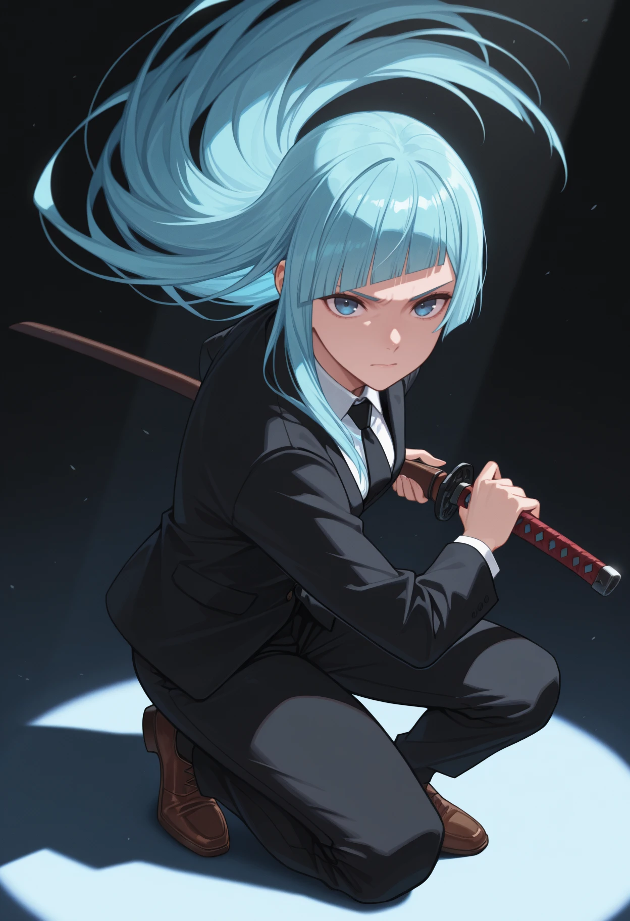 masterpiece, best quality, newest, solo, 1girl, m1wa, serious, looking at viewer, on one knee, holding sword, katana, fighting stance, ready to draw, sheath, sheathed, long hair, blue hair, straight hair, blunt bangs, diagonal bangs, blue eyes, black suit, black jacket, suit jacket, long sleeves, white shirt, collared shirt, black necktie, black pants, brown footwear, shoes, spotlight
<segment:yolo-Anzhc Face seg 640 v2 y8n.pt,0.4,0.5//cid=1>