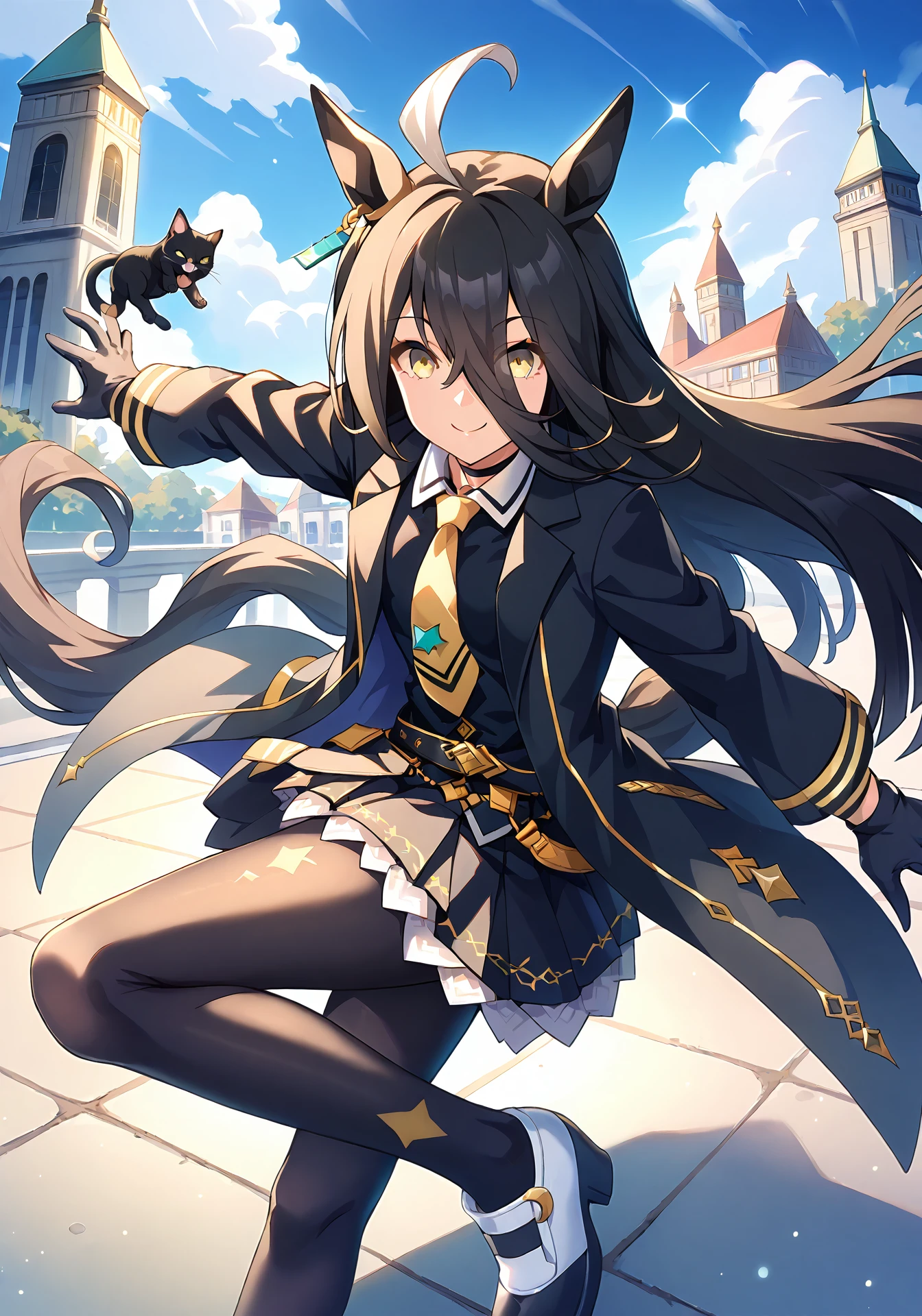 umaofficial,1girl,solo,mcafe,black hair,long hair,white ahoge,yellow eyes,horse girl,
mcblack,black coat,single aqua earring,black shirt,black skirt,black belt,yellow necktie,black choker,black pantyhose,black gloves,white shoes,
dynamic pose,black cat,smile,
score_9,score_8_up,score_7_up,source_anime,masterpiece,best quality,highres,amazing quality,<lora:ManhattanCafePonyV1:1>,<lora:UmaOfficialPonyV1.0:0.8>,