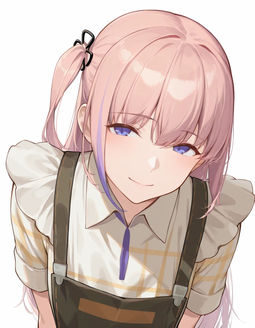 Volumetric Lighting, (masterpiece), (best quality), (ultra-detailed), masterpiece, source_anime, score_9, score_8_up, score_7_up BREAK, illustration, disheveled hair, detailed eyes, perfect composition, moist skin, intricate details, detailed eyes, detailed face, detailed fingers BREAK, blue eyes, pink hair, one side up,streaked hair,long hair BREAK, OwlLatte, OwL_shirt, OwL_apron, AR15_hair_ornament, , BREAK, ((white background)), looking at viewer, smile, upper body, (((face focused)))