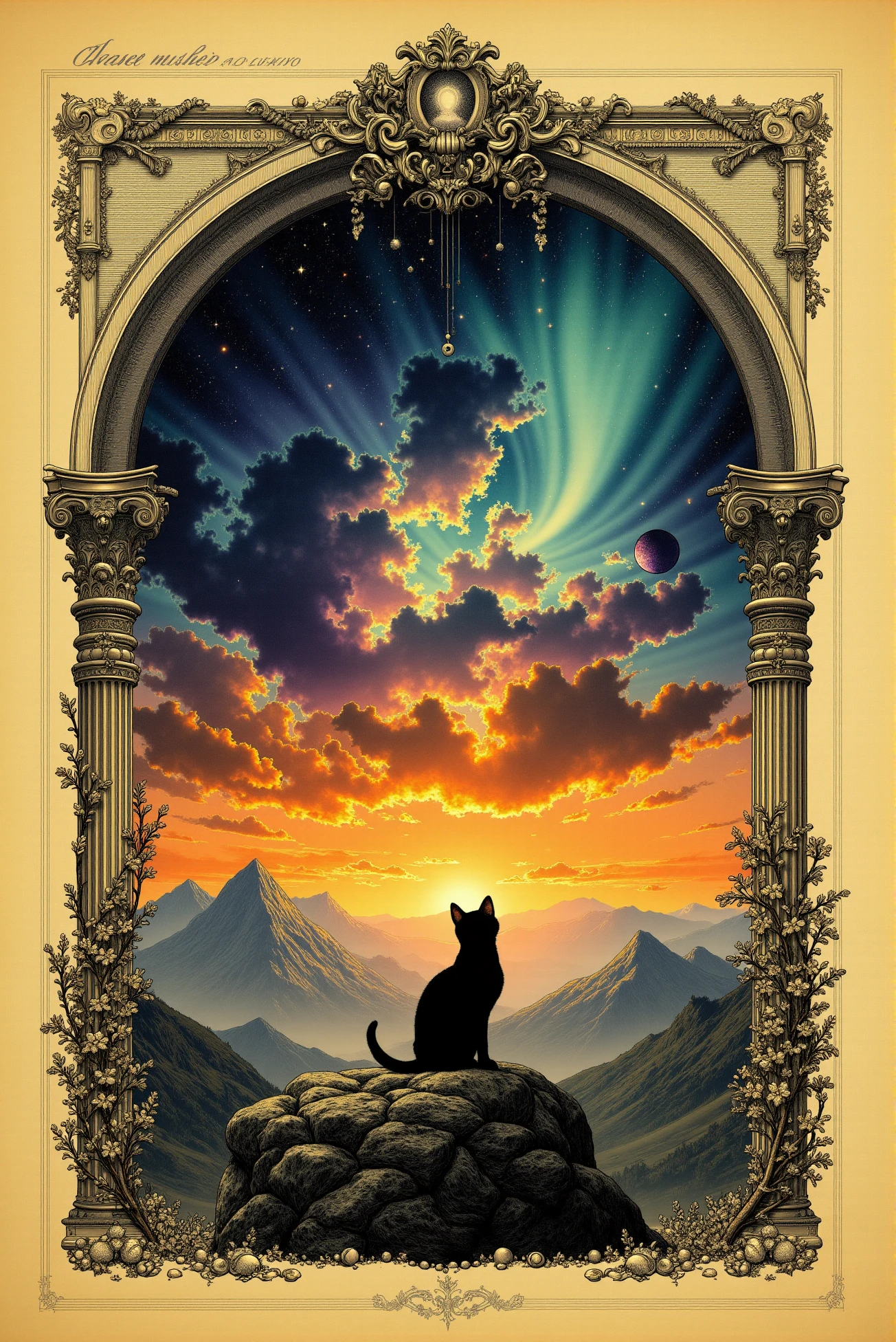 <lora:Vintage_sketch_style_v.1:0.8> VintageSketch style. This ethereal scene captures a profound sense of wonder as a solitary cat sits atop a rocky ledge, gazing into the vastness of a cosmic sky. The silhouette of the cat is delicately outlined against the vibrant backdrop of a glowing sunset, where the land meets the universe in a surreal, dreamlike atmosphere. The terrain is composed of distant mountain peaks that stretch out into a hazy horizon, bathed in warm, golden-orange light as the last rays of sunlight give way to the twilight. Above, the sky transitions into a cosmic tapestry filled with swirling nebulae and glowing stars. The colors in the sky range from deep oranges and reds at the horizon, blending into luminous blues, purples, and teals as they ascend into the vast reaches of space. The nebula, arching across the sky like a celestial bridge, bursts with vibrant hues and intricate details, suggesting the beauty and mystery of the universe. Tiny stars sparkle amidst the swirling clouds, with distant planets and a crescent moon adding to the dreamlike quality of the night sky. The juxtaposition of the earthly and the cosmic emphasizes the majesty of the universe, while the catâs serene pose conveys a sense of quiet contemplation, as if it is in awe of the celestial wonder before it. The overall composition evokes both solitude and connection, blending the simplicity of the cat with the grandeur of the cosmos. The colors and soft gradients give the image a painterly, otherworldly feel, making it an evocative meditation on the mysteries of the universe and the small moments of reflection we share with it.