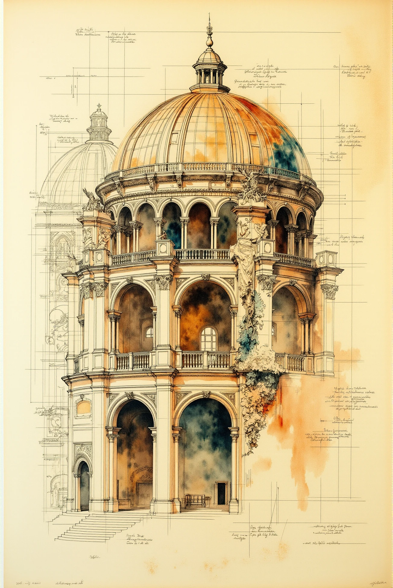 <lora:Vintage_sketch_style_v.1:0.8> VintageSketch style. An intricate vintage architectural art, partially colored with watercolor. Style of Da Vinci.