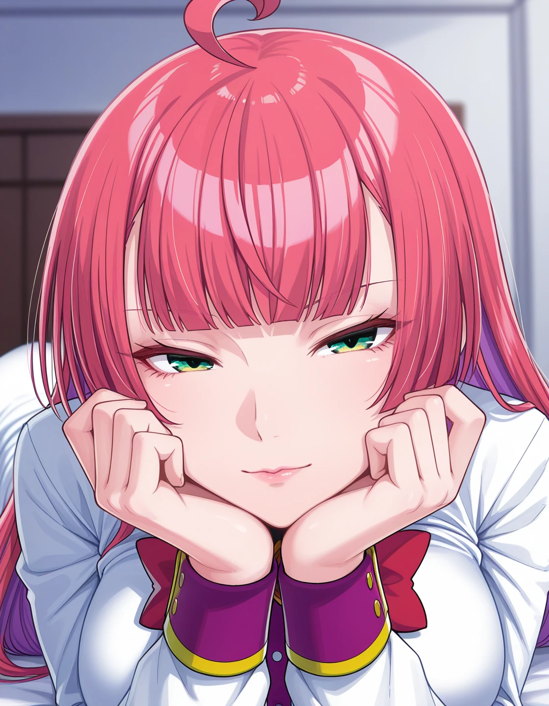 1girl, solo, mitsumoto dia, pink hair, long hair, ahoge, blunt bangs, green eyes, lips, light smile, narrowed eyes, large breasts, white shirt, center frilles, red bow, long sleeves, purple wristband, head rest, hands on own chin, lying, on stomach, on bed, (face focus, foreshortening, depth of field:1.2), indoors, light theme <lora:mitsumoto_dia_ilxl_v1:0.7>