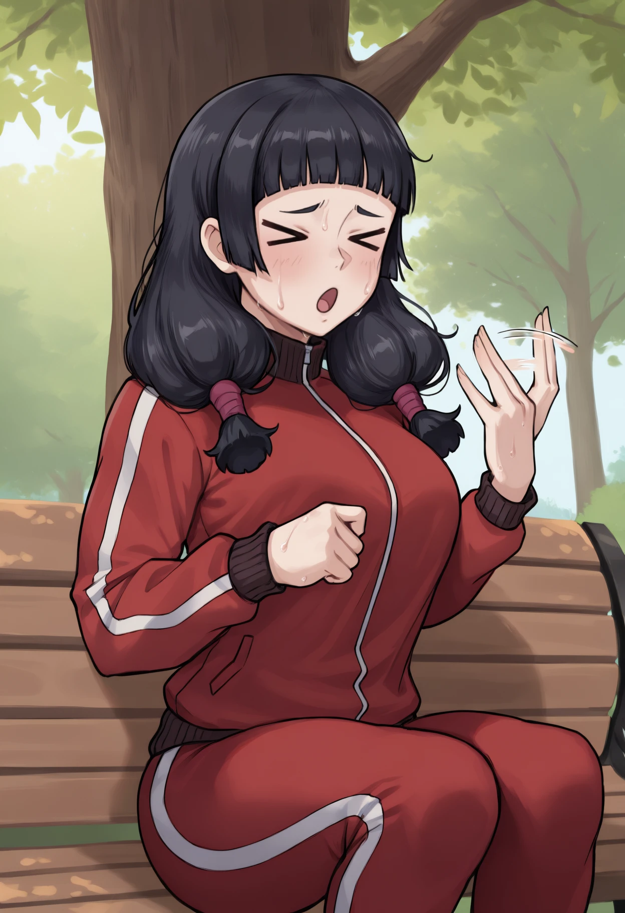 masterpiece, best quality, newest, feet out of frame, solo, 1girl, utah1mepast, sweat, :o, sitting, park bench, fanning self, afterimage, black hair, blunt bangs, low twintails, hair tubes, > <, track suit, red jacket, track jacket, long sleeves, red pants, outdoors, day, tree
<segment:yolo-Anzhc Face seg 640 v2 y8n.pt,0.4,0.5>