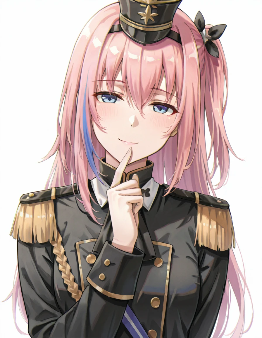 Volumetric Lighting, (masterpiece), (best quality), (ultra-detailed), masterpiece, source_anime, score_9, score_8_up, score_7_up BREAK, illustration, disheveled hair, detailed eyes, perfect composition, moist skin, intricate details, detailed eyes, detailed face, detailed fingers BREAK, blue eyes, pink hair, one side up,streaked hair,long hair BREAK, BreezeOnASpringDay, BOSD_hairband, BOSD_hair_bow, BOSD_shako_cap, BOSD_epaulettes, BOSD_uniform, BOSD_dress BREAK, ((white background)), looking at viewer, smile