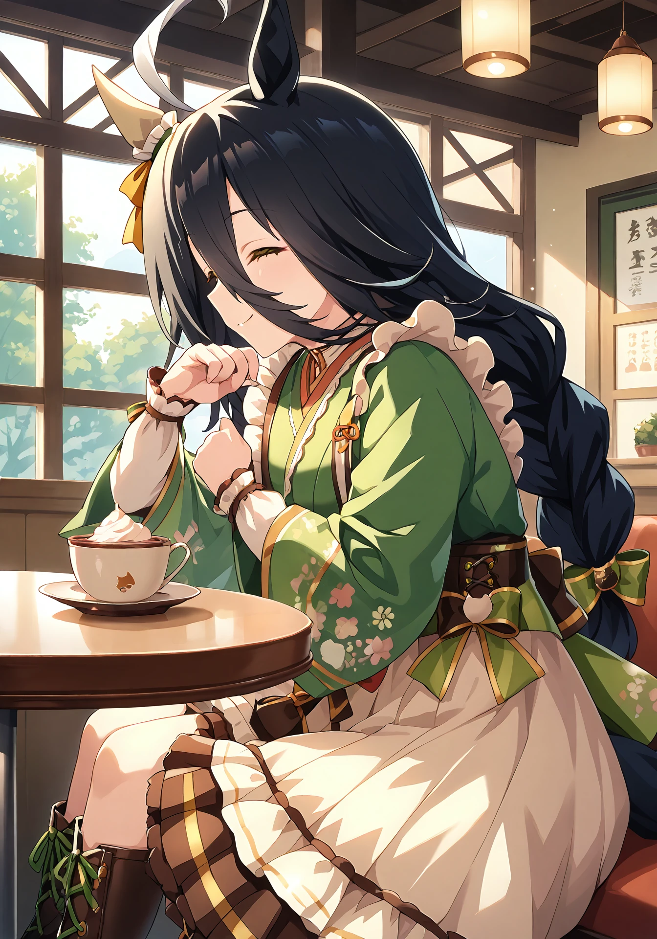 umaofficial,1girl,solo,mcafe,black hair,long hair,white ahoge,yellow eyes,horse girl,
mcverdant,frilled apron,green kimono,wa maid,braided ponytail,green hair bow,cross-laced brown boots,single ear cover,yellow ear ribbon,
dynamic pose,cafe,wariza,sitting,smile,closed eyes,
score_9,score_8_up,score_7_up,source_anime,masterpiece,best quality,highres,amazing quality,<lora:ManhattanCafePonyV1:1>,<lora:UmaOfficialPonyV1.0:0.8>,