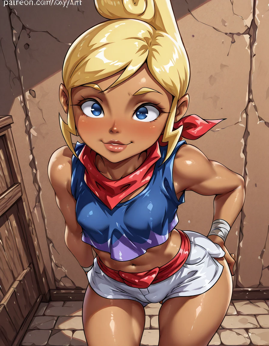 1girl,solo, <lora:Tetra:1>,  tetra, brown skin, blond hair, hair bum, blue eyes, hair bum, foxyart,  <lora:FoxyArt:0.8>,   sfw