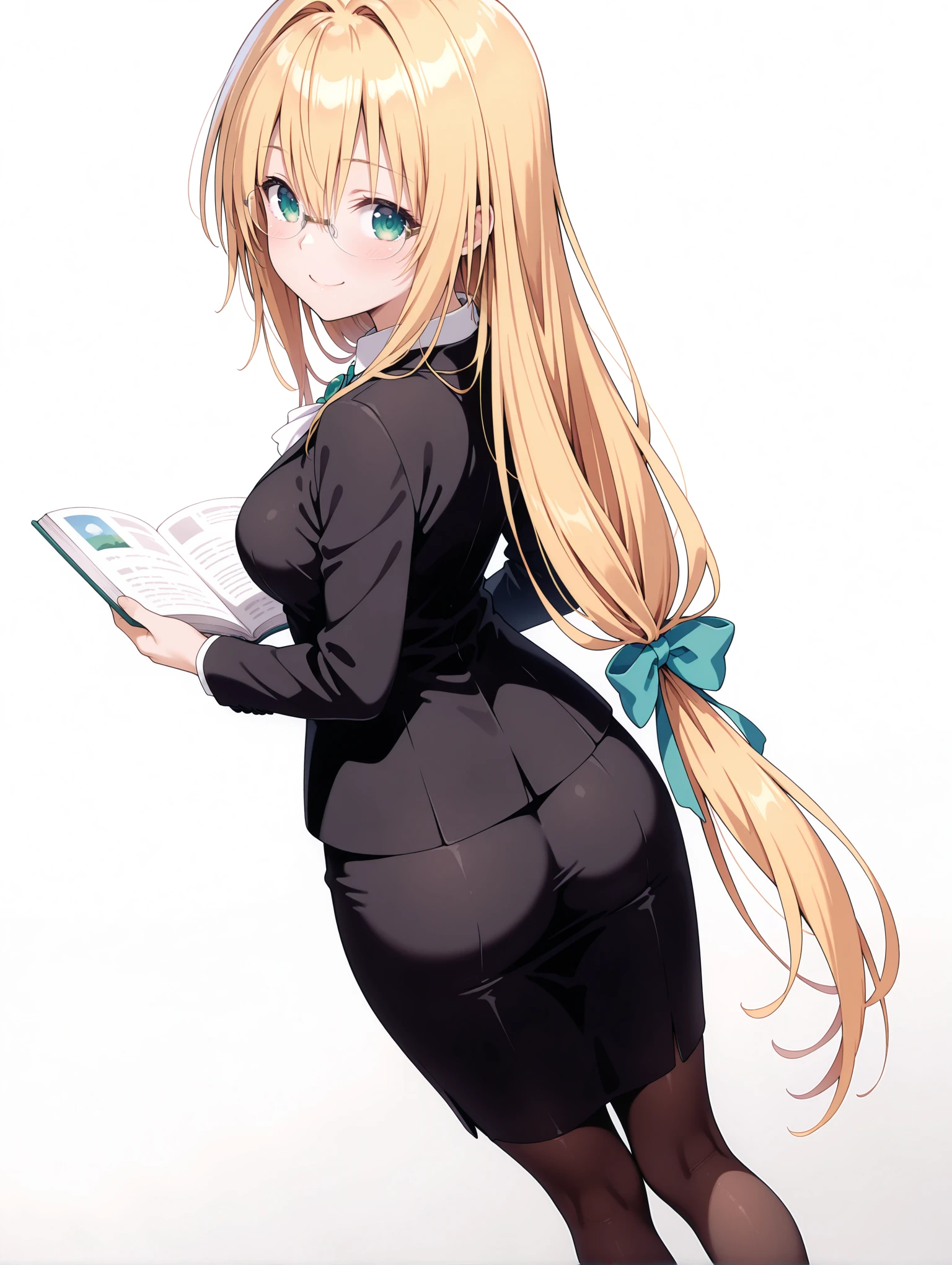masterpiece,best quality,newest,
1girl,solo,
<lora:Tearju_ilxl_v1:1>,Tearju,blonde hair,green eyes,low-tied long hair,blue hair bow,t_glasses,rimless glasses,t_clothes,white collared shirt,black jacket,black skirt suit,pantyhose,
<lora:Fixhands_anime_bdsqlsz_V1:1>,dynamic_angle,cinematic_angle,smile,simple_background,white background,standing,book,from behind,from_back,looking_back,embarrass,