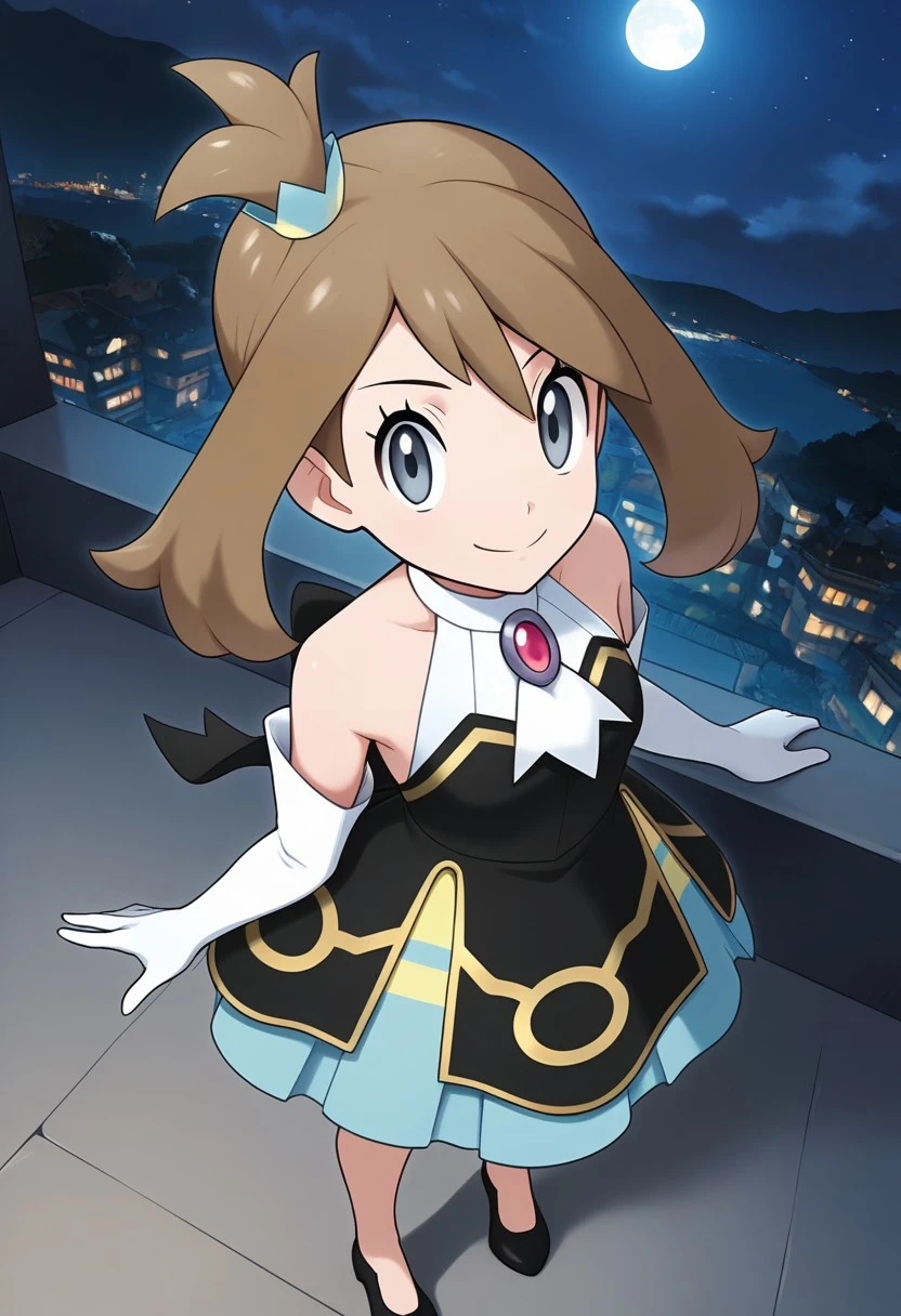 2d, masterpiece, best quality, amazing quality, 1girl, solo, ((full body)), standing, smile, from above, dutch angle, looking at viewer, night, moonlight, sky, ncmay, def colors, [[may \(pokemon\)]], grey eyes, brown hair, medium hair, hair ornament black dress, sleeveless, bare shoulders, elbow gloves, white gloves, white ascot, knees, shoes, high heels, black footwear