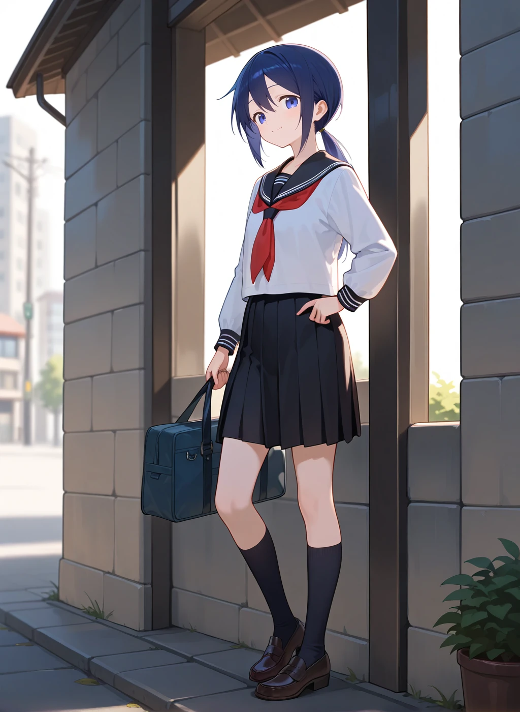 High quality,Ultra detailed,best quality,insanely detailed,beautiful,perfect lighting,masterpiece,highres,absurdres,very aesthetic,very awa,sensitive BREAK
<lora:kudou_hazuki_V1_IL:1>,(kudou hazuki, kubo-san wa mob wo yurusanai, blue hair, long hair, blue eyes, ponytail),(school uniform, serafuku, white shirt, black sailor collar, red neckerchief,pleated skirt),school bag,loafers,1girl,solo,smile,looking_at_viewer,full body,posing,outdoors,