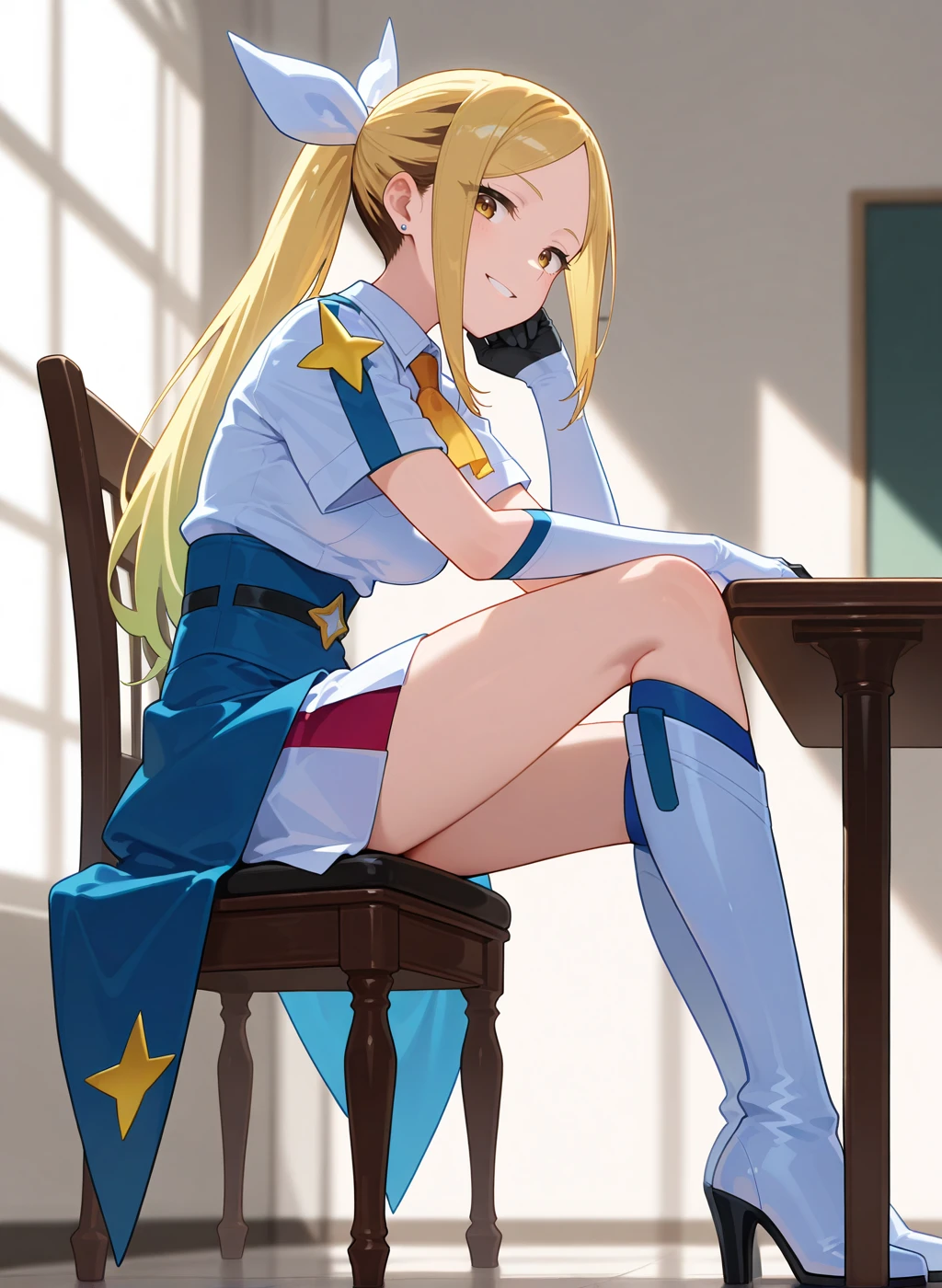 High quality,Ultra detailed,best quality,insanely detailed,beautiful,perfect lighting,masterpiece,highres,absurdres,very aesthetic,very awa,sensitive BREAK
<lora:koshigaya_hitomi_V1_IL:1>,(koshigaya hitomi, kabushikigaisya magilumiere, blonde hair, long hair, brown eyes, earrings,medium breasts,two-tone hair ),( ponytail, hair ribbon, magical girl, gloves, star (symbol), skirt, shirt,ascot,elbow gloves,white gloves,black gloves,short sleeves,white footwear,knee boots,high heel boots),1girl,solo,smile,parted lips,looking_at_viewer,full body,posing,indoors,sitting on chair,day,sanpaku,