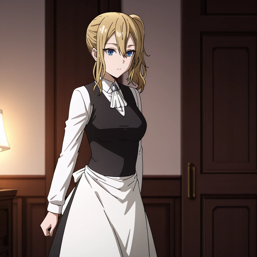 <lora:Hayasaka_illustrious_v1:1> Hayasaka, 1girl, solo, blue scrunchie, blonde hair, hair scrunchie, blue eyes, side ponytail, hair ornament, hair between eyes, white shirt, waist apron, maid apron, long sleeves, medium breasts, collared shirt, bangs, black vest, sidelocks, frills, ascot, white apron, dress, medium hair, cowboy shot