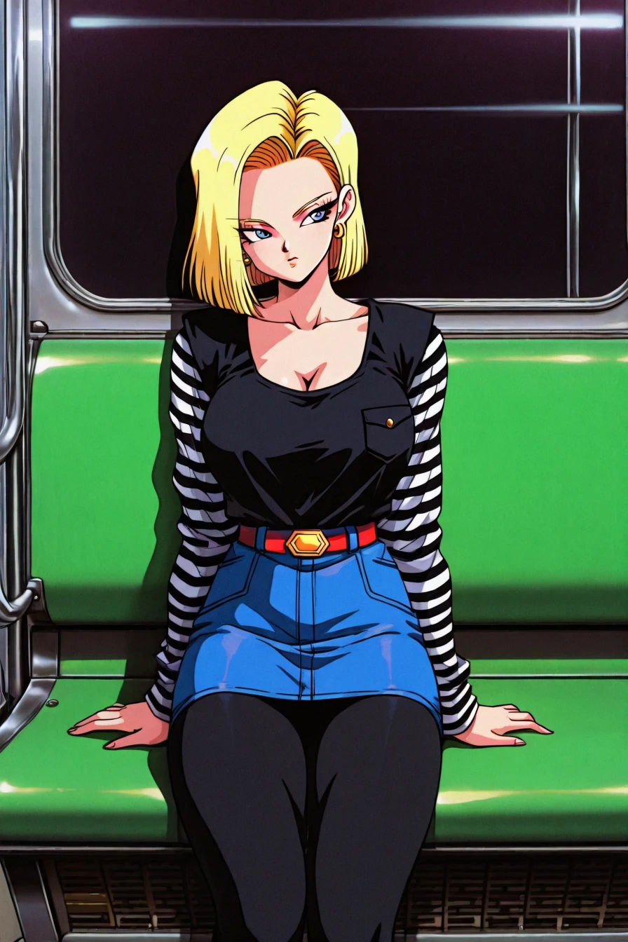 android 18, blonde hair, blue eyes, eyelashes, hoop earrings, short hair, earrings, belt, black legwear, black shirt, breast pocket, cleavage, collarbone, denim, denim skirt, high-waist skirt, jewelry, long sleeves, pocket, shirt, shirt tucked in, skirt, striped, striped sleeves, waistcoat,1girl, solo, alone, sitting, train interior, <lora:dark_lofi_retro_illustriousXL:1>, dark_lofi_retro, lofi, retro, masterpiece, highres