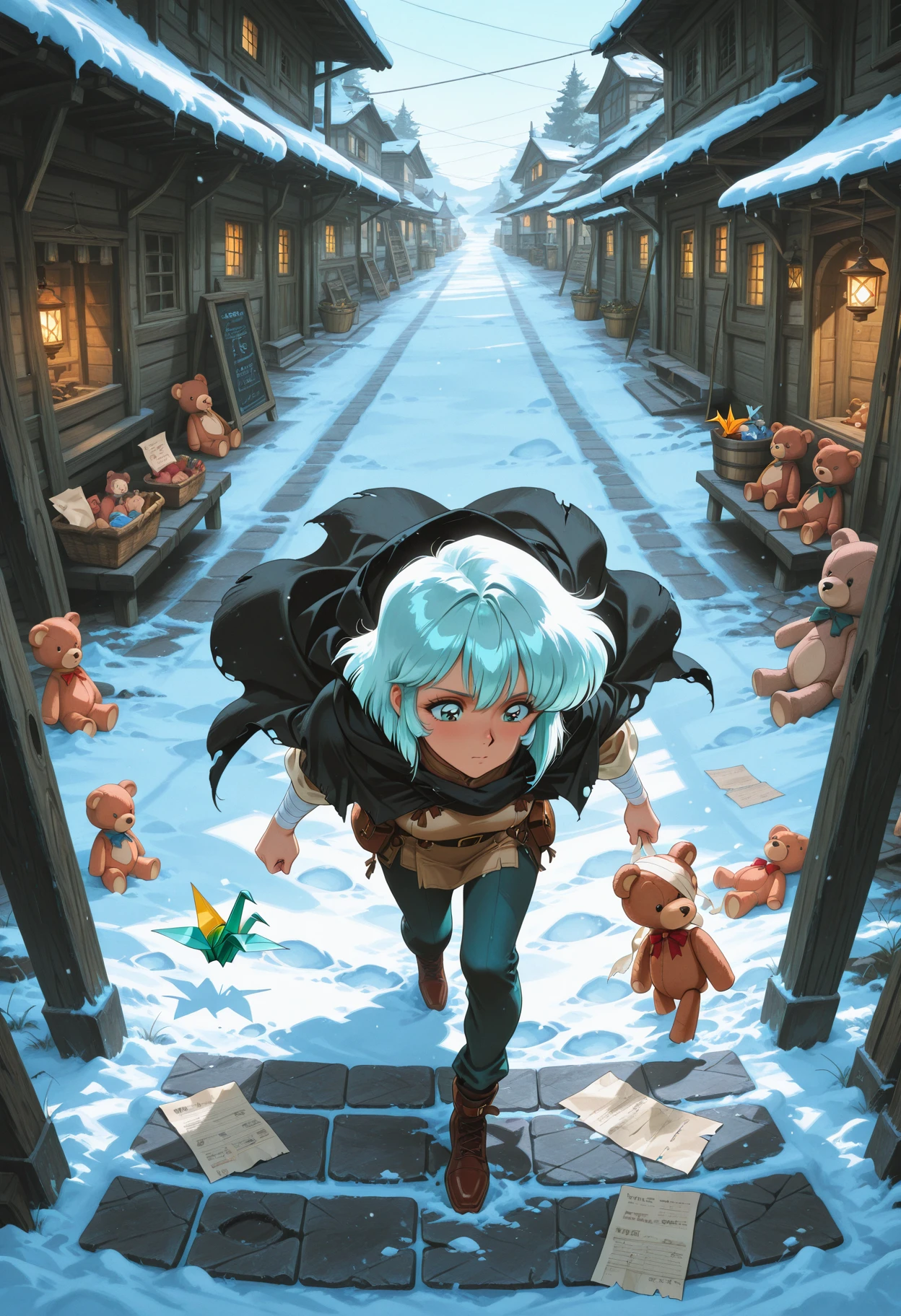 masterpiece,best quality,amazing quality,absurdres, modernretroanime, 1girl, solo, retro artstyle,, Top-Down View, Worn-out teddy bear, Misty morning marketplace, Muted pastel colors, Tattered bandages and a worn-out cloak, Walking slowly through a narrow street, Handmade paper crane left on a table, Snow slowly falling in a silent village